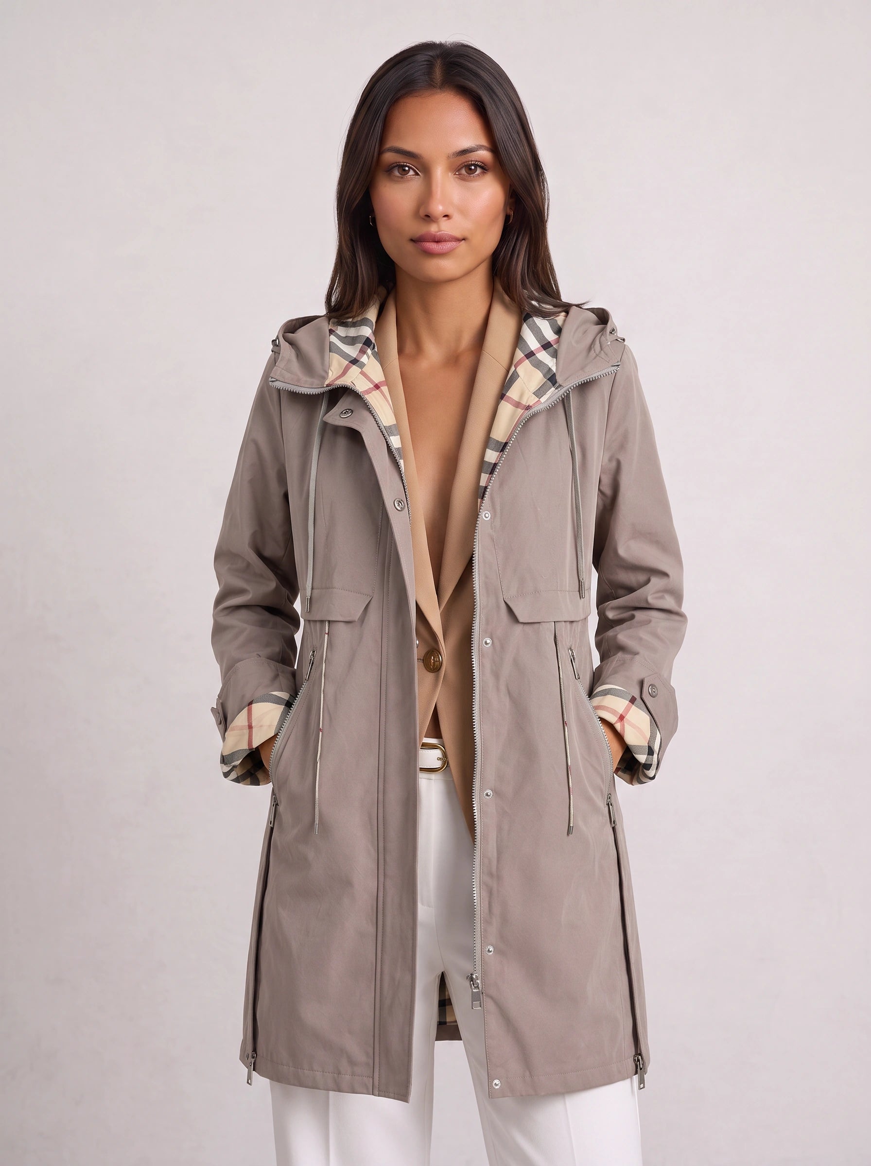 Checkrim Hooded Longline Parka – Lightweight Zip Up Jacket Women Casual Outdoor Trench Coat