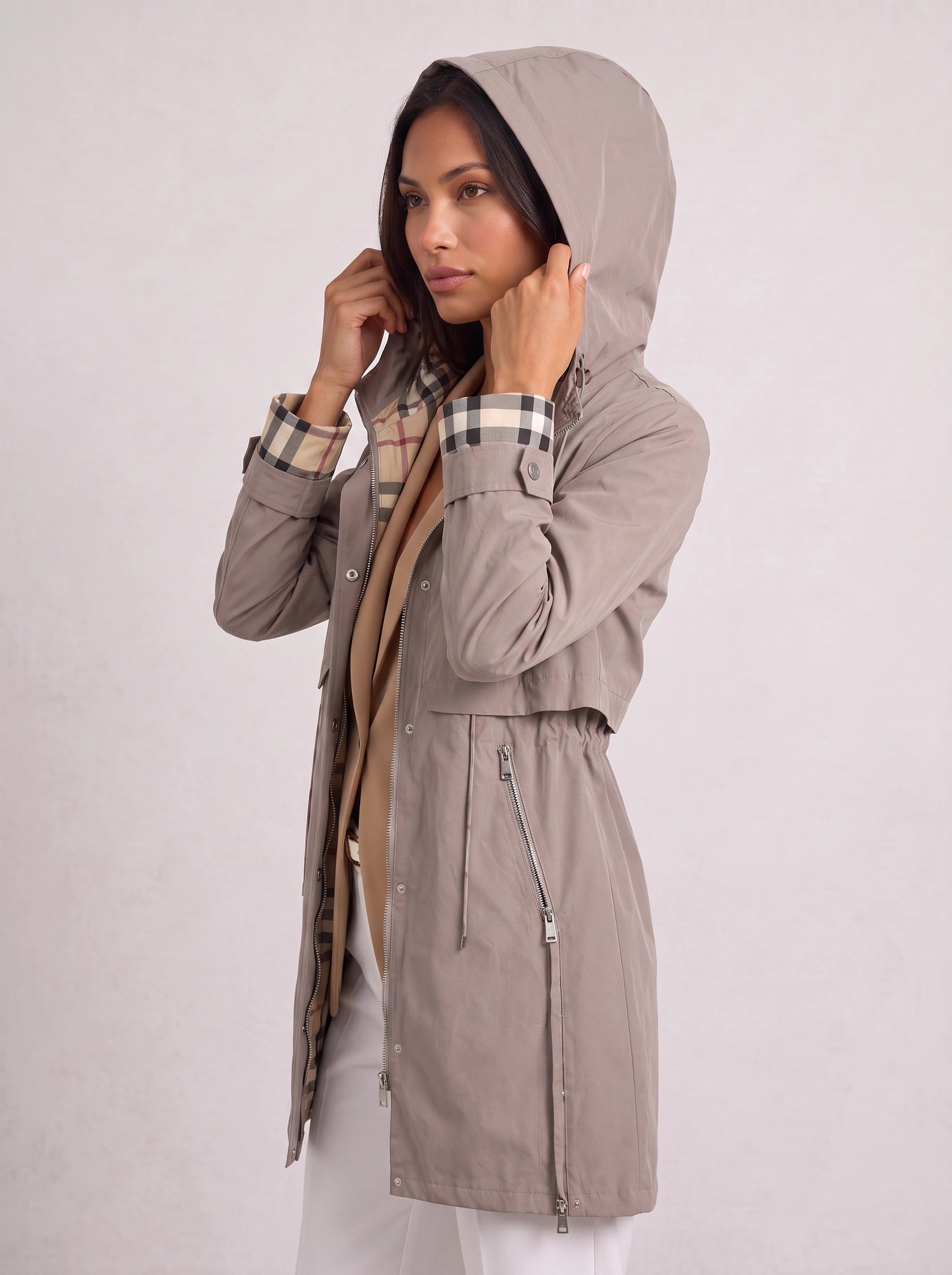 Checkrim Hooded Longline Parka – Lightweight Zip Up Jacket Women Casual Outdoor Trench Coat