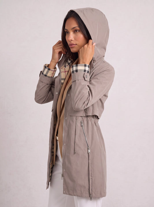 Checkrim Hooded Longline Parka – Lightweight Zip Up Jacket Women Casual Outdoor Trench Coat