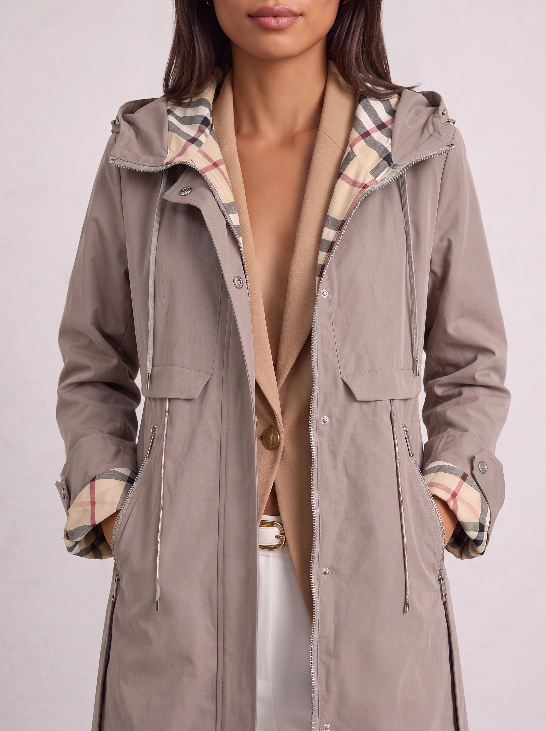 Checkrim Hooded Longline Parka – Lightweight Zip Up Jacket Women Casual Outdoor Trench Coat