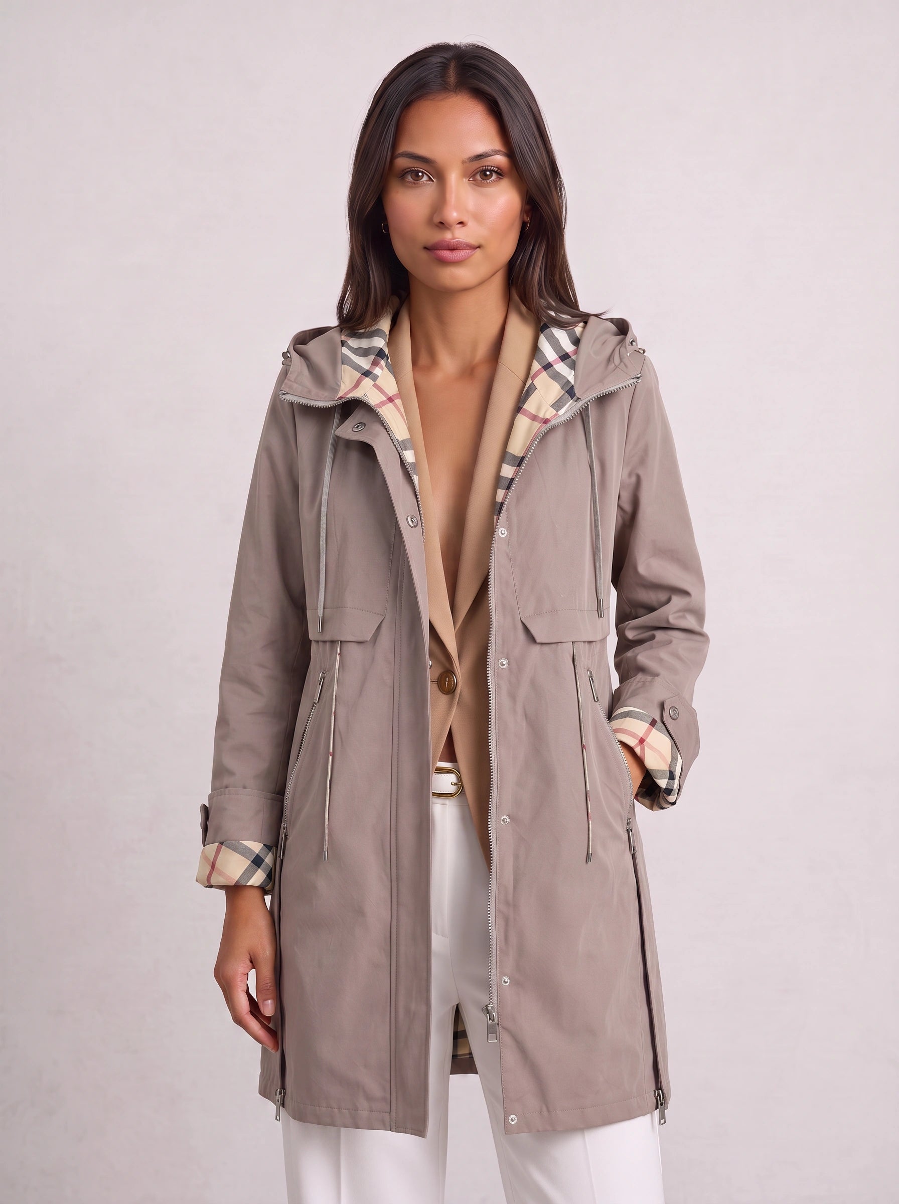 Checkrim Hooded Longline Parka – Lightweight Zip Up Jacket Women Casual Outdoor Trench Coat