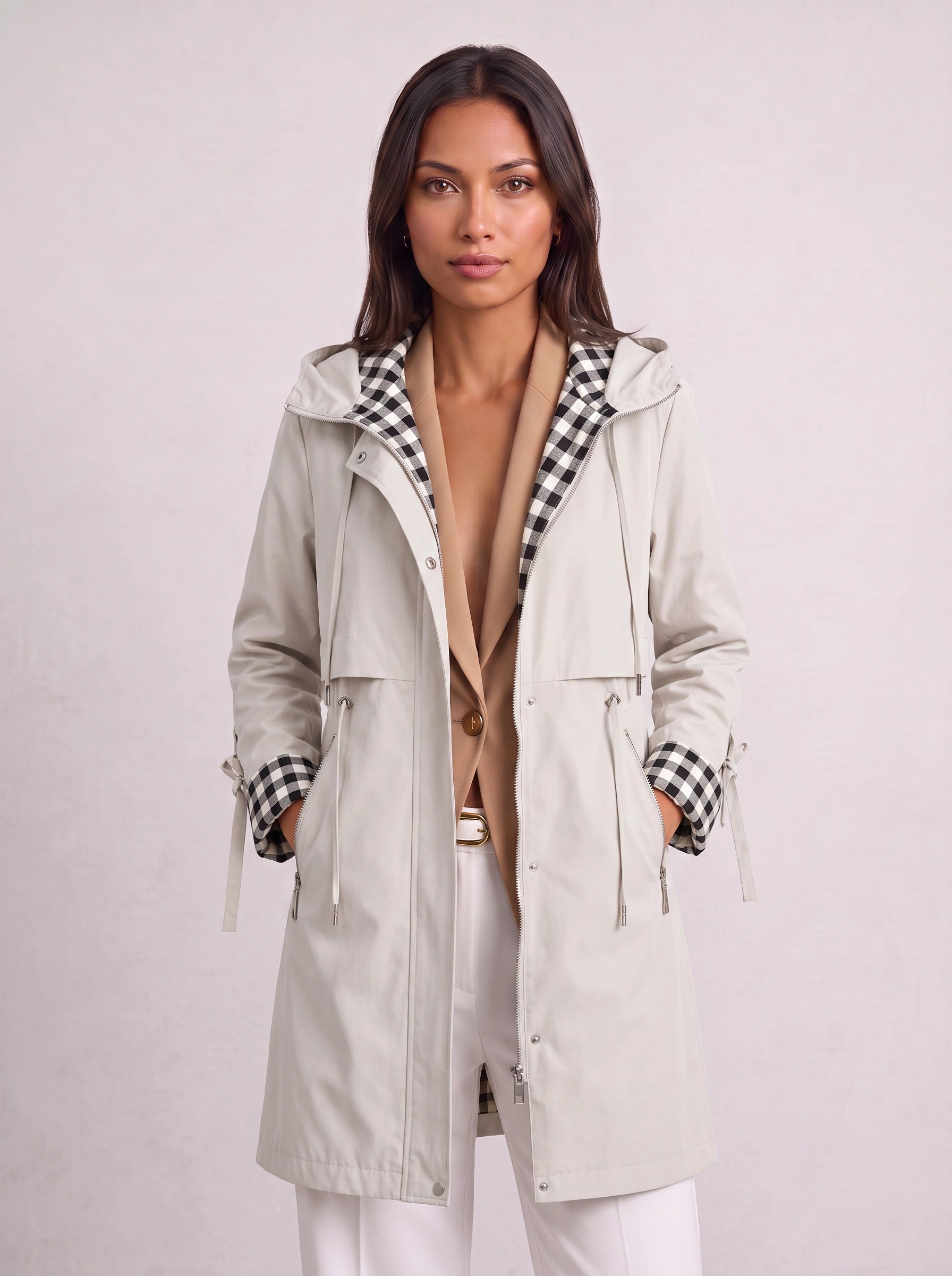 Checkrim Hooded Longline Parka – Lightweight Zip Up Jacket Women Casual Outdoor Trench Coat