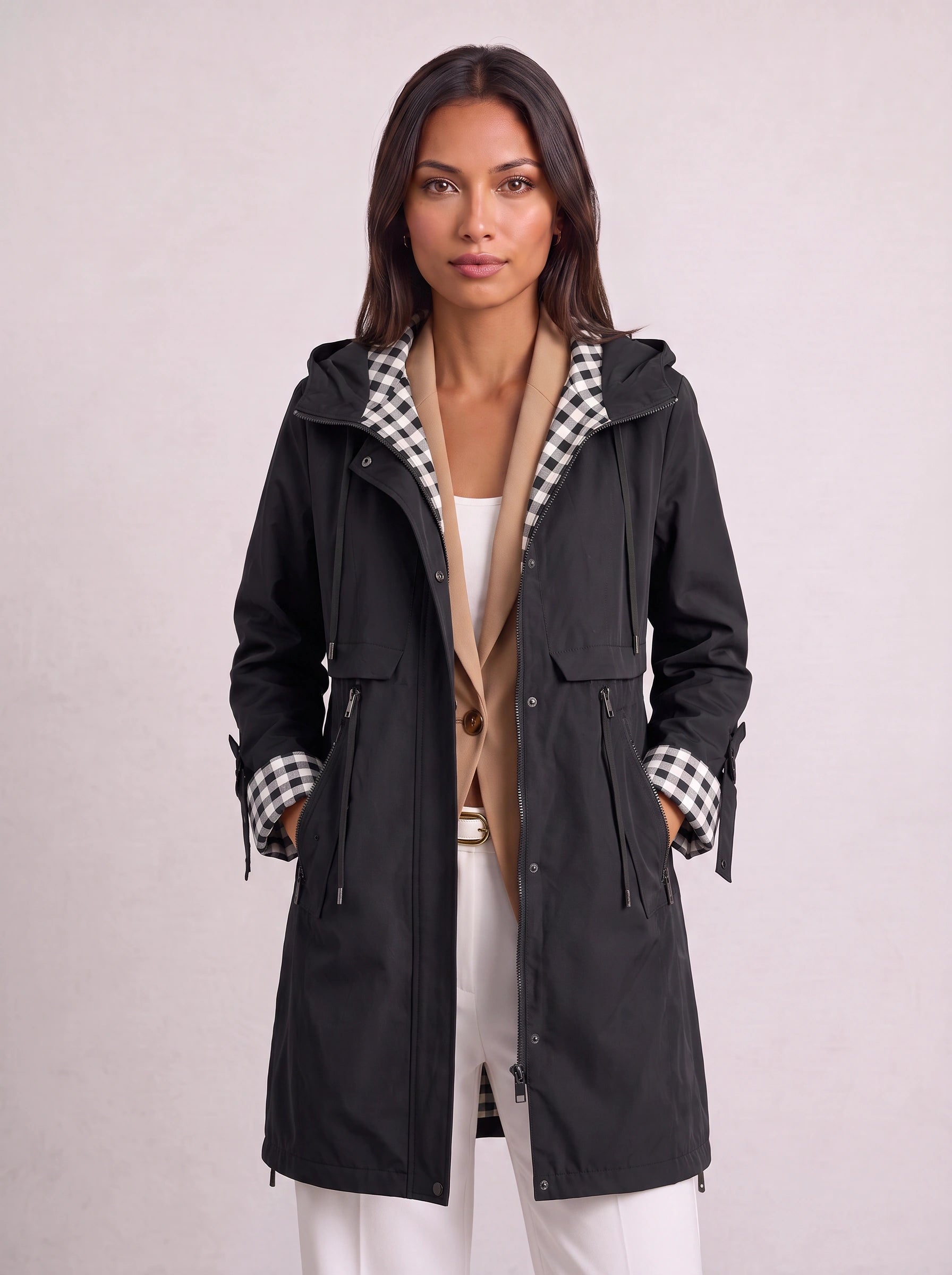 Checkrim Hooded Longline Parka – Lightweight Zip Up Jacket Women Casual Outdoor Trench Coat