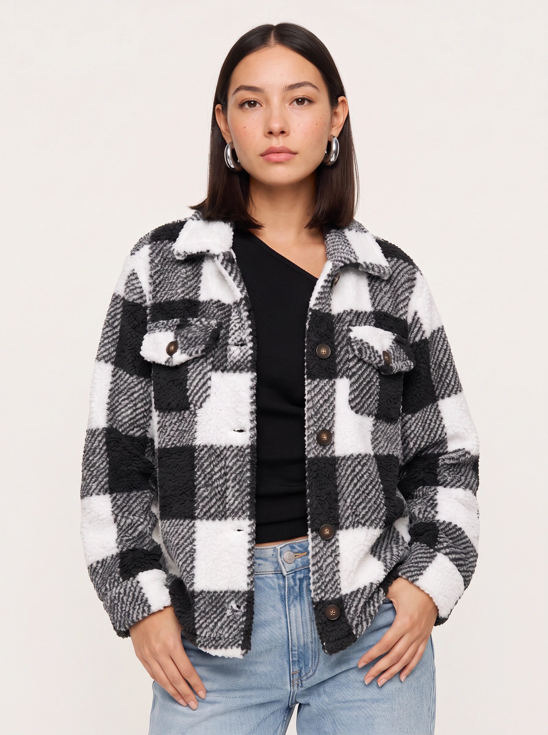 Grafton Oversized Plaid Shacket  – Women Sherpa Fleece Button-Up Winter Jacket Casual Streetwear Coat