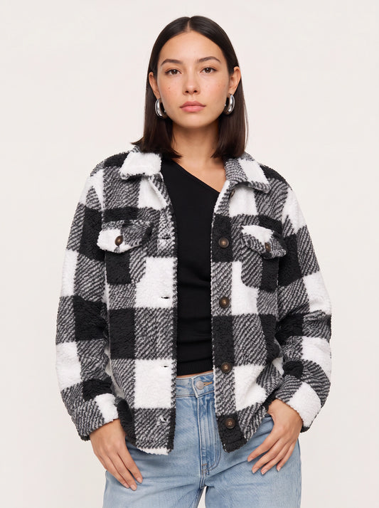 Grafton Oversized Plaid Shacket  – Women Sherpa Fleece Button-Up Winter Jacket Casual Streetwear Coat