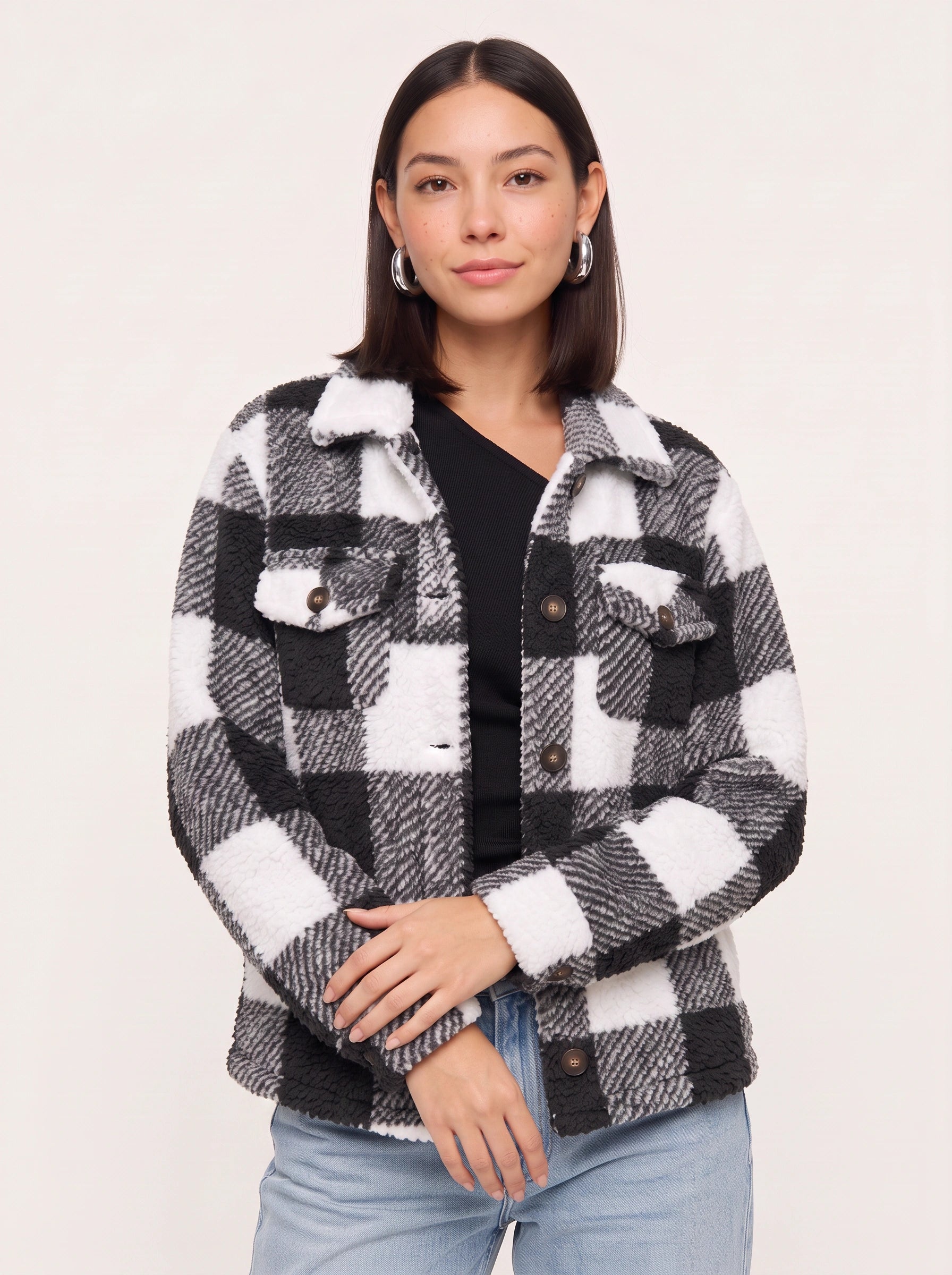 Grafton Oversized Plaid Shacket  – Women Sherpa Fleece Button-Up Winter Jacket Casual Streetwear Coat