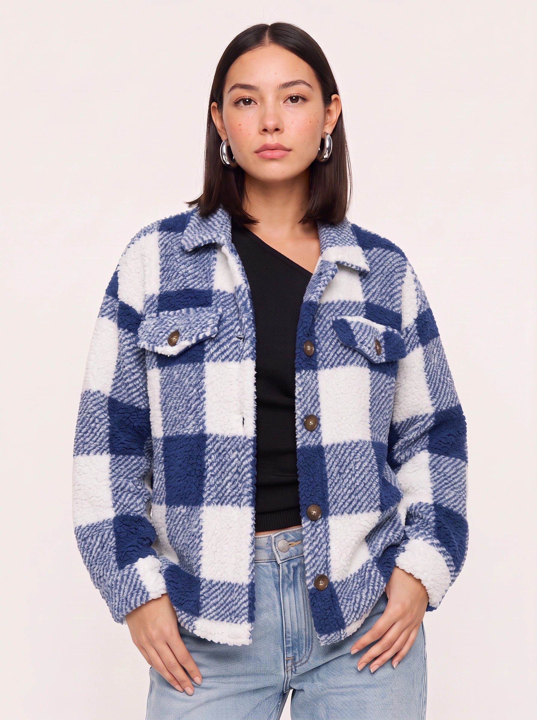 Grafton Oversized Plaid Shacket  – Women Sherpa Fleece Button-Up Winter Jacket Casual Streetwear Coat