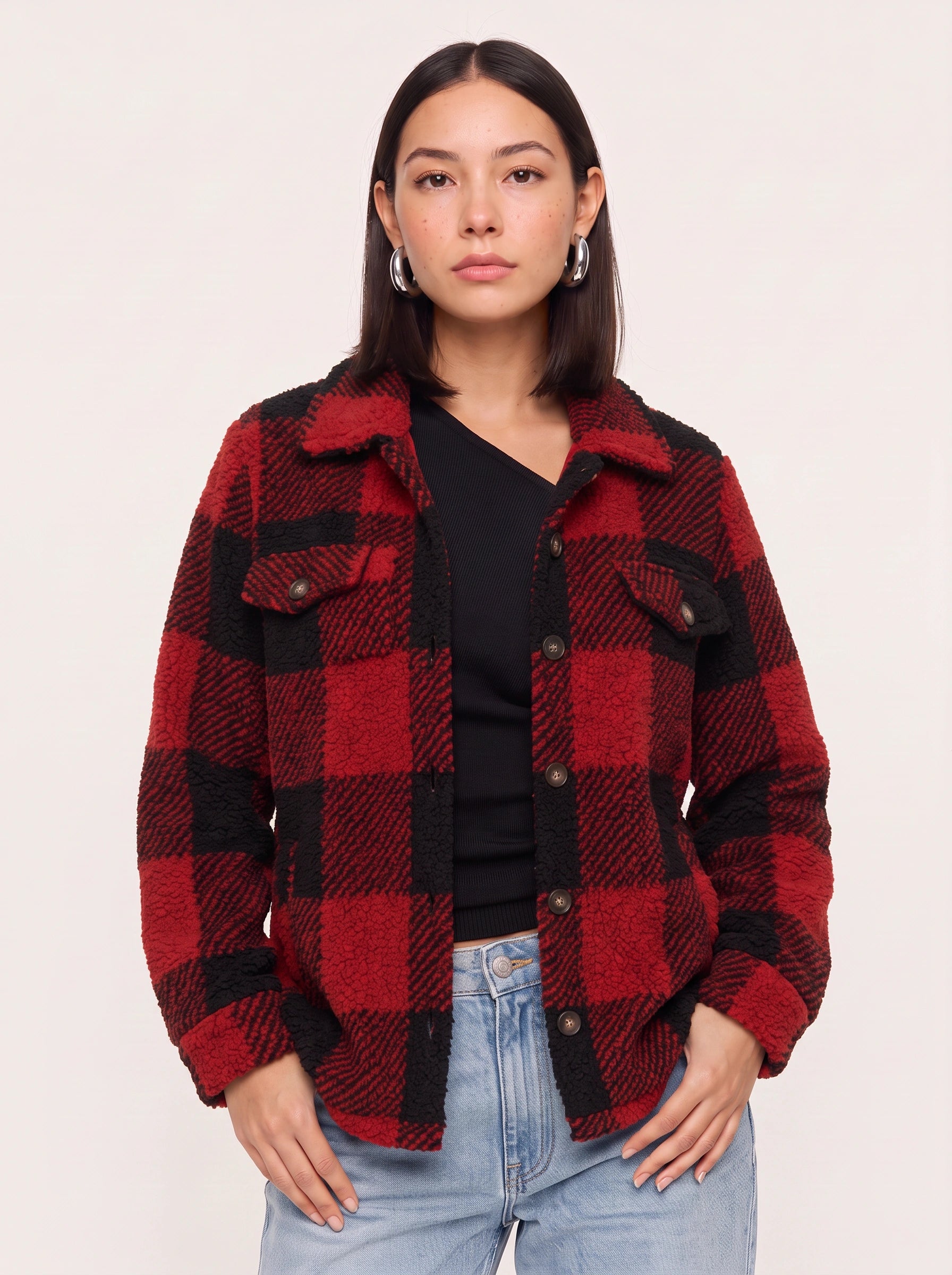 Grafton Oversized Plaid Shacket  – Women Sherpa Fleece Button-Up Winter Jacket Casual Streetwear Coat