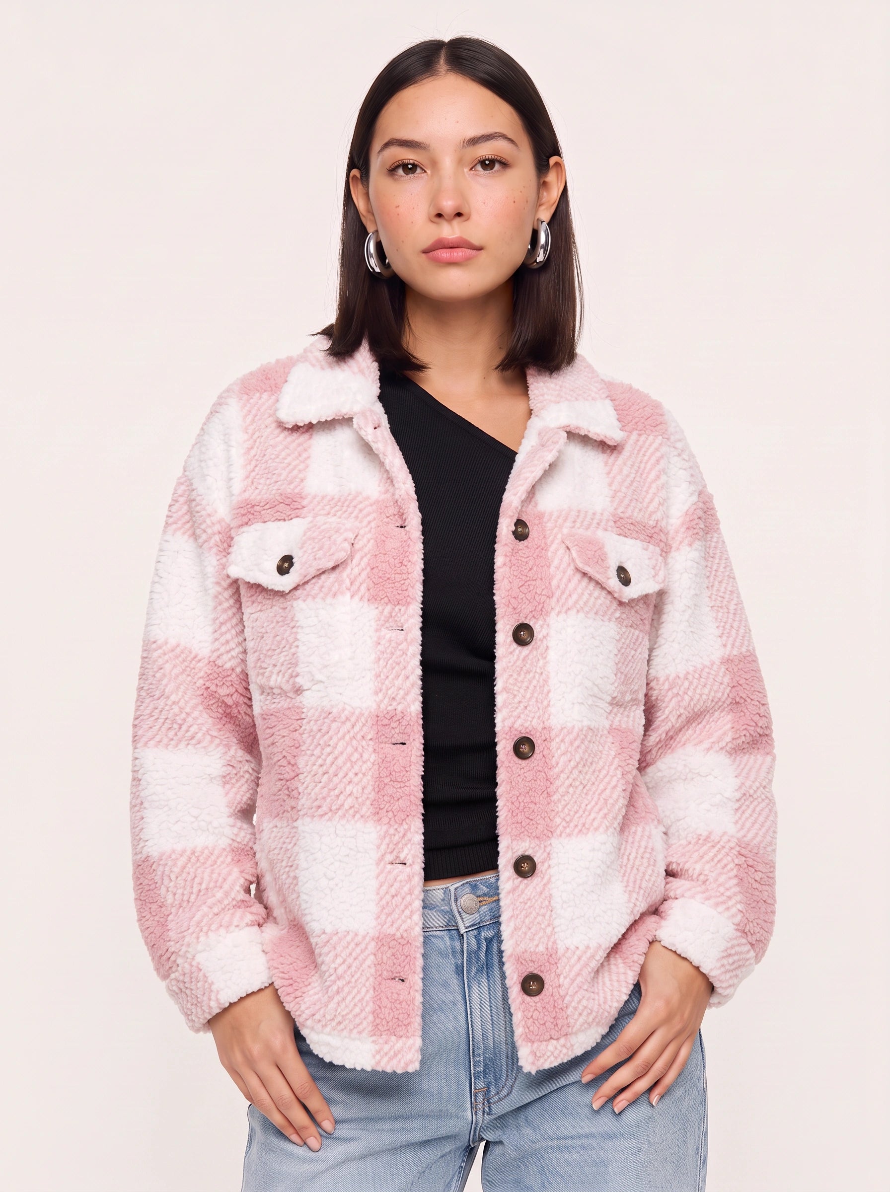 Grafton Oversized Plaid Shacket  – Women Sherpa Fleece Button-Up Winter Jacket Casual Streetwear Coat