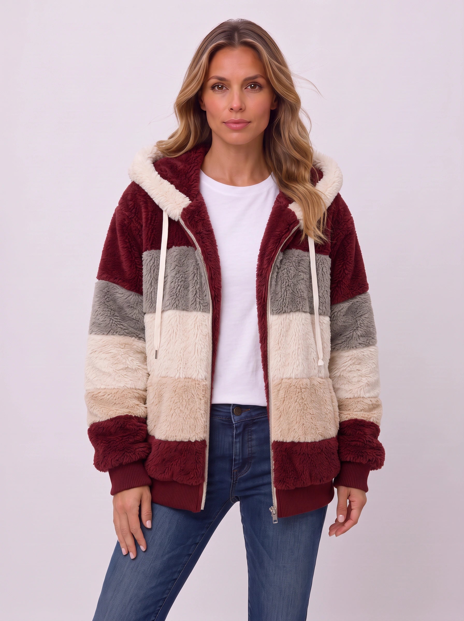 Striva Colorblock Hooded Sherpa Jacket – Women Faux Fur Zip-Up Winter Coat Casual Streetwear Bomber Jacket