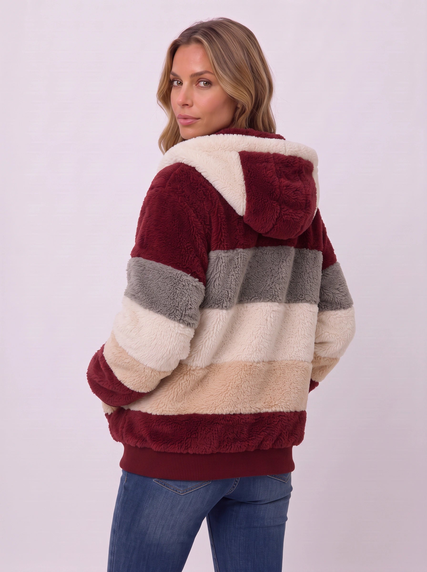 Striva Colorblock Hooded Sherpa Jacket – Women Faux Fur Zip-Up Winter Coat Casual Streetwear Bomber Jacket