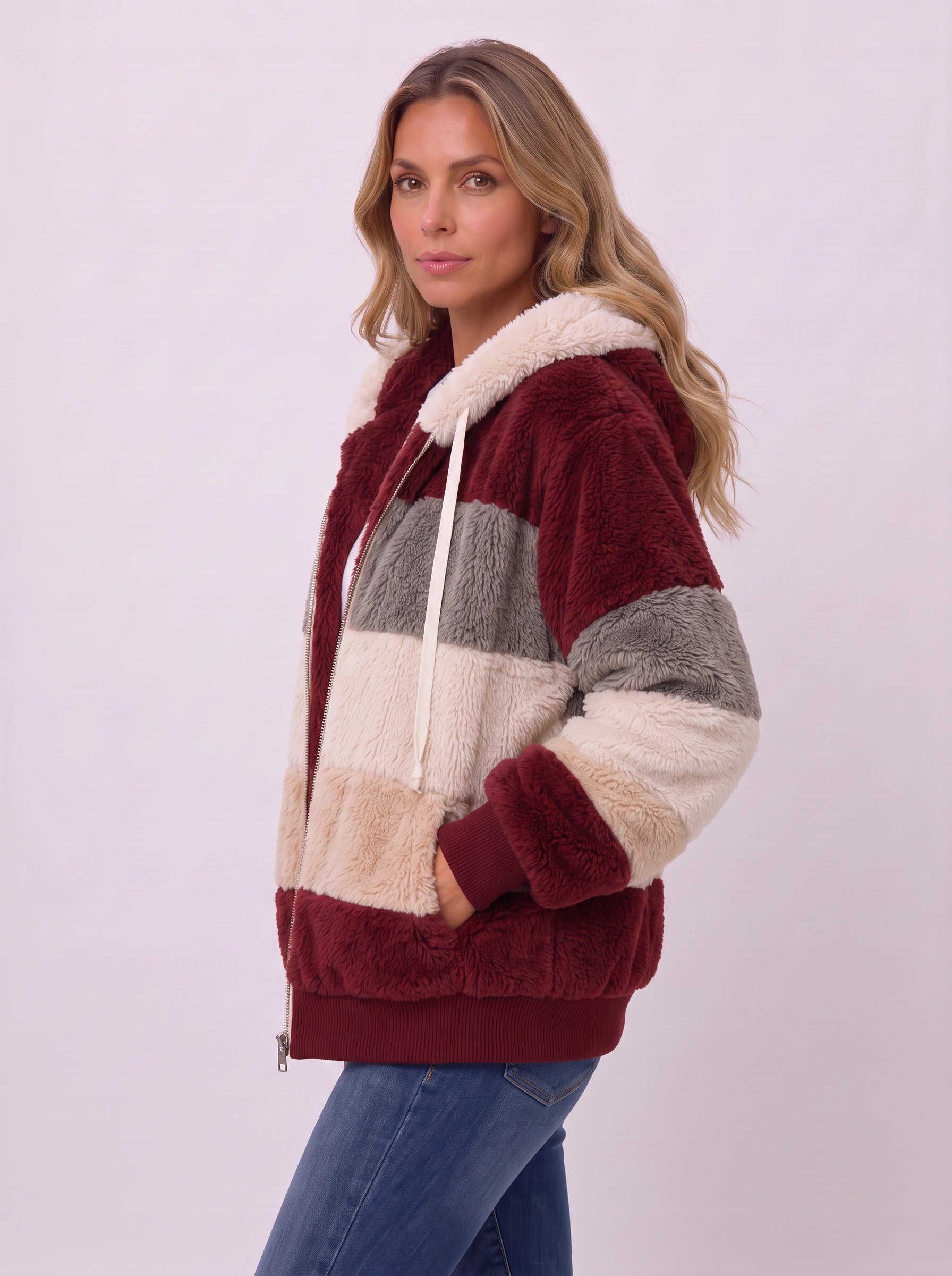 Striva Colorblock Hooded Sherpa Jacket – Women Faux Fur Zip-Up Winter Coat Casual Streetwear Bomber Jacket