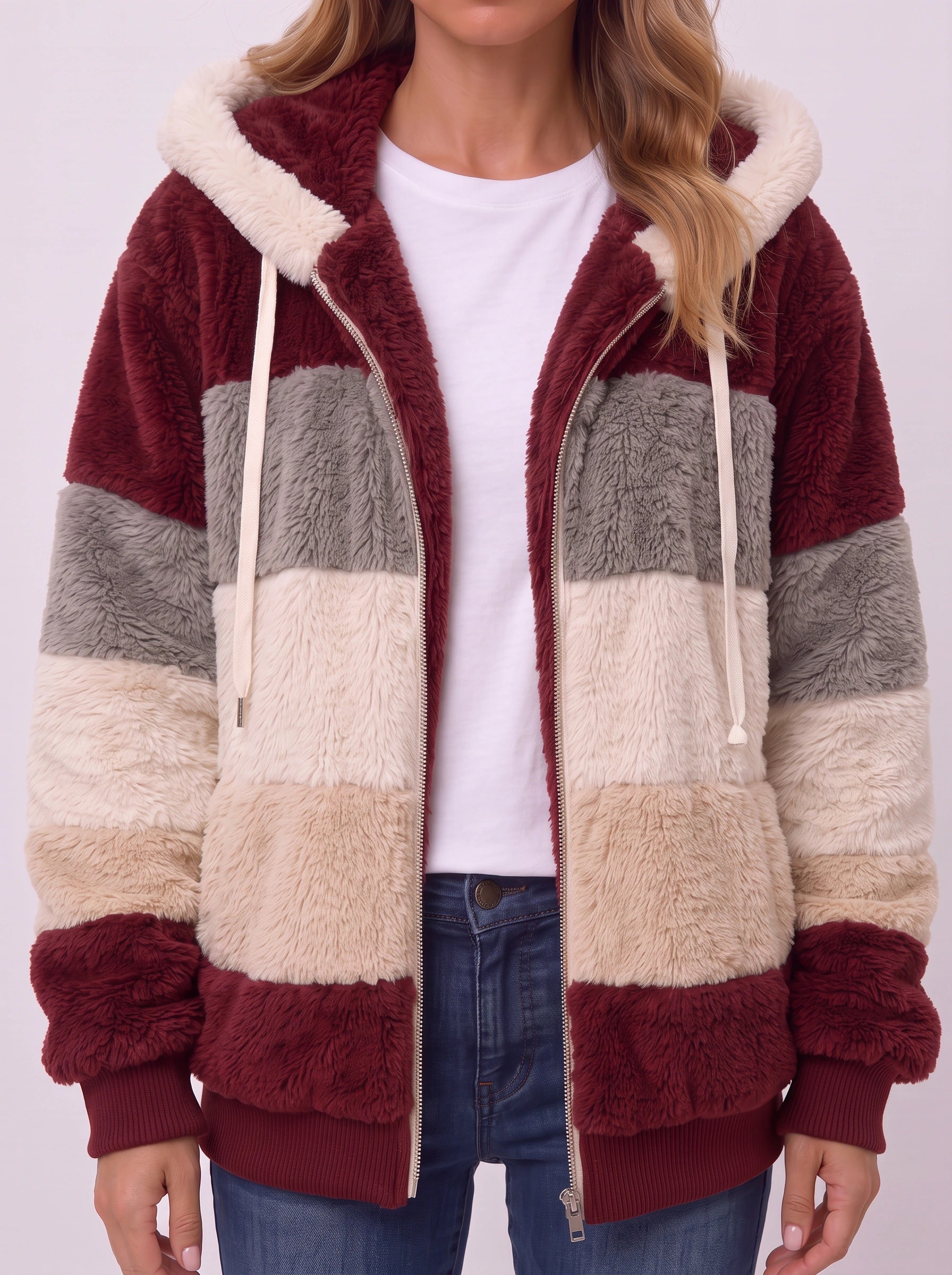 Striva Colorblock Hooded Sherpa Jacket – Women Faux Fur Zip-Up Winter Coat Casual Streetwear Bomber Jacket