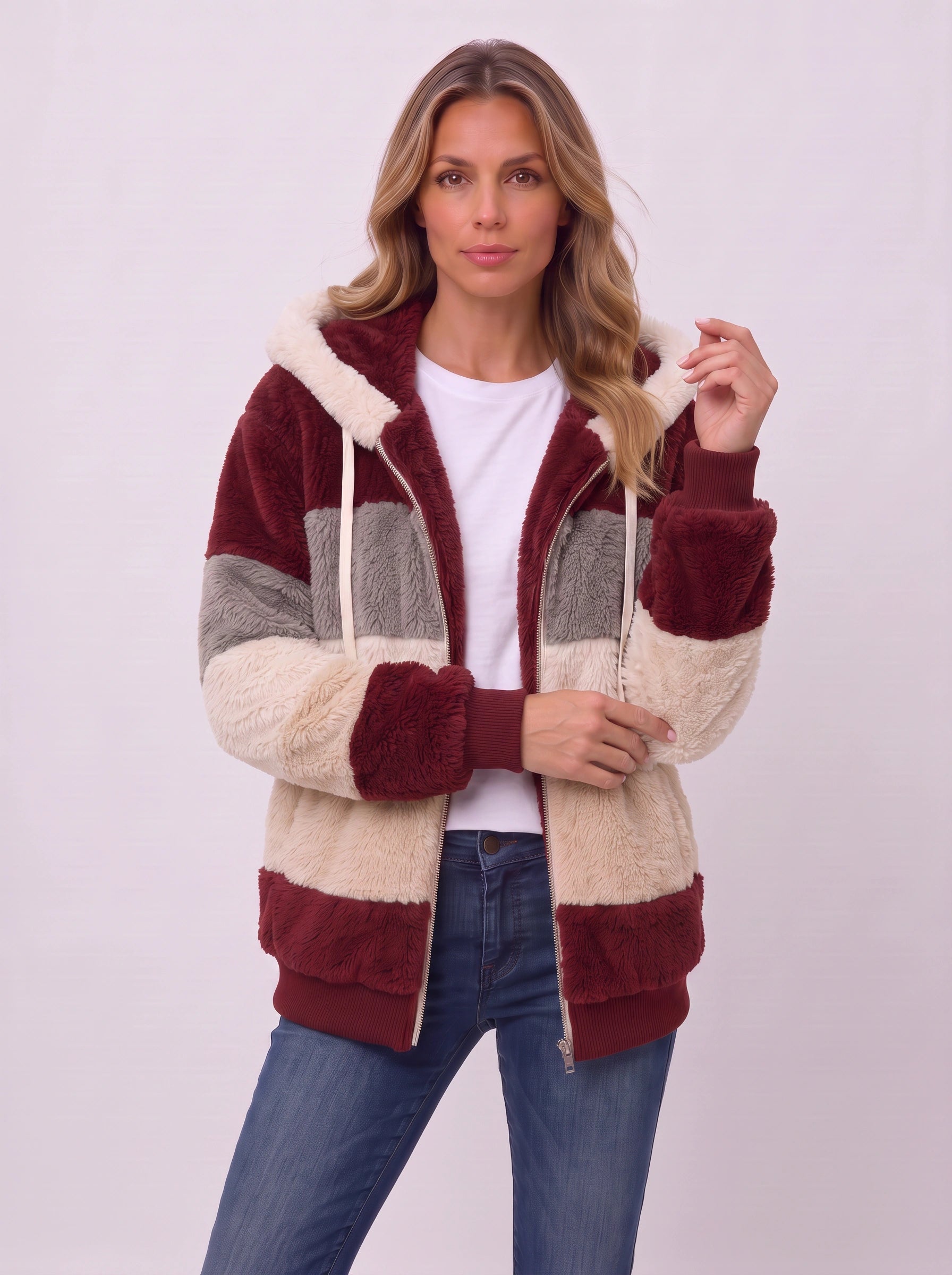 Striva Colorblock Hooded Sherpa Jacket – Women Faux Fur Zip-Up Winter Coat Casual Streetwear Bomber Jacket