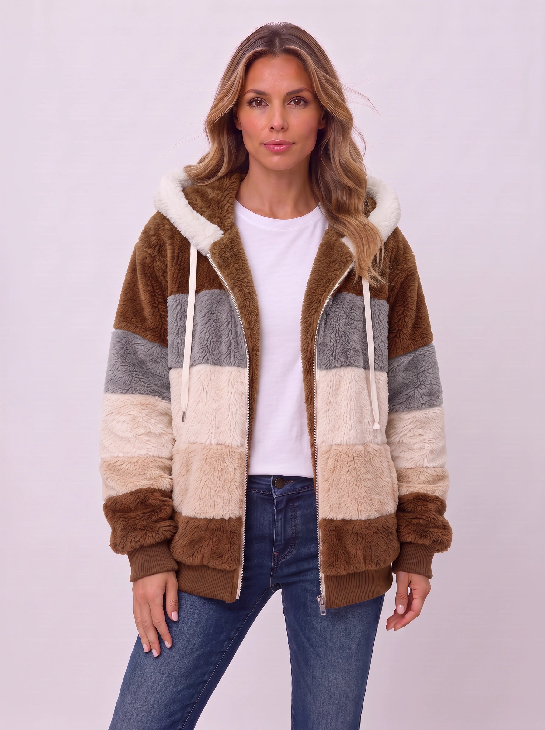 Striva Colorblock Hooded Sherpa Jacket – Women Faux Fur Zip-Up Winter Coat Casual Streetwear Bomber Jacket