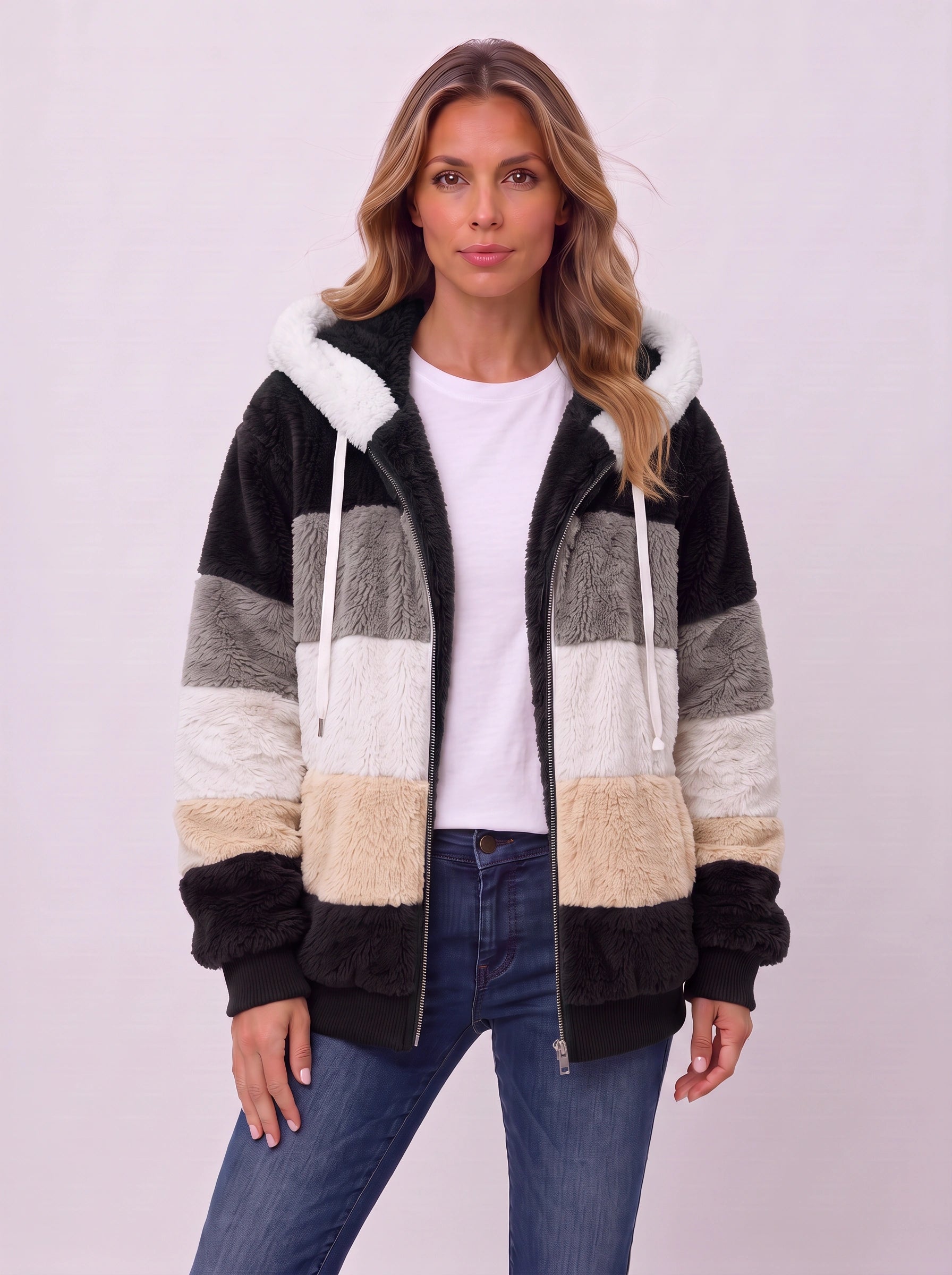 Striva Colorblock Hooded Sherpa Jacket – Women Faux Fur Zip-Up Winter Coat Casual Streetwear Bomber Jacket