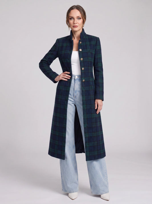 Targette Longline Plaid Coat – Plaid Wool Coat Women Winter Tailored Button-Up Office Outerwear Longline Coat
