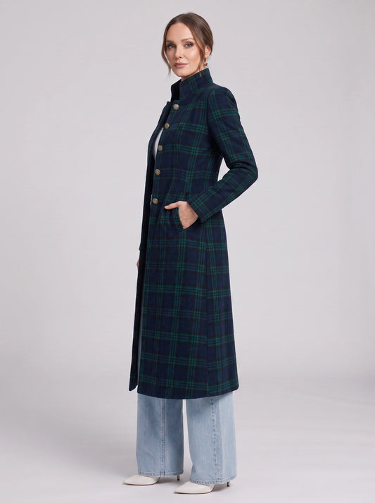 Targette Longline Plaid Coat – Plaid Wool Coat Women Winter Tailored Button-Up Office Outerwear Longline Coat