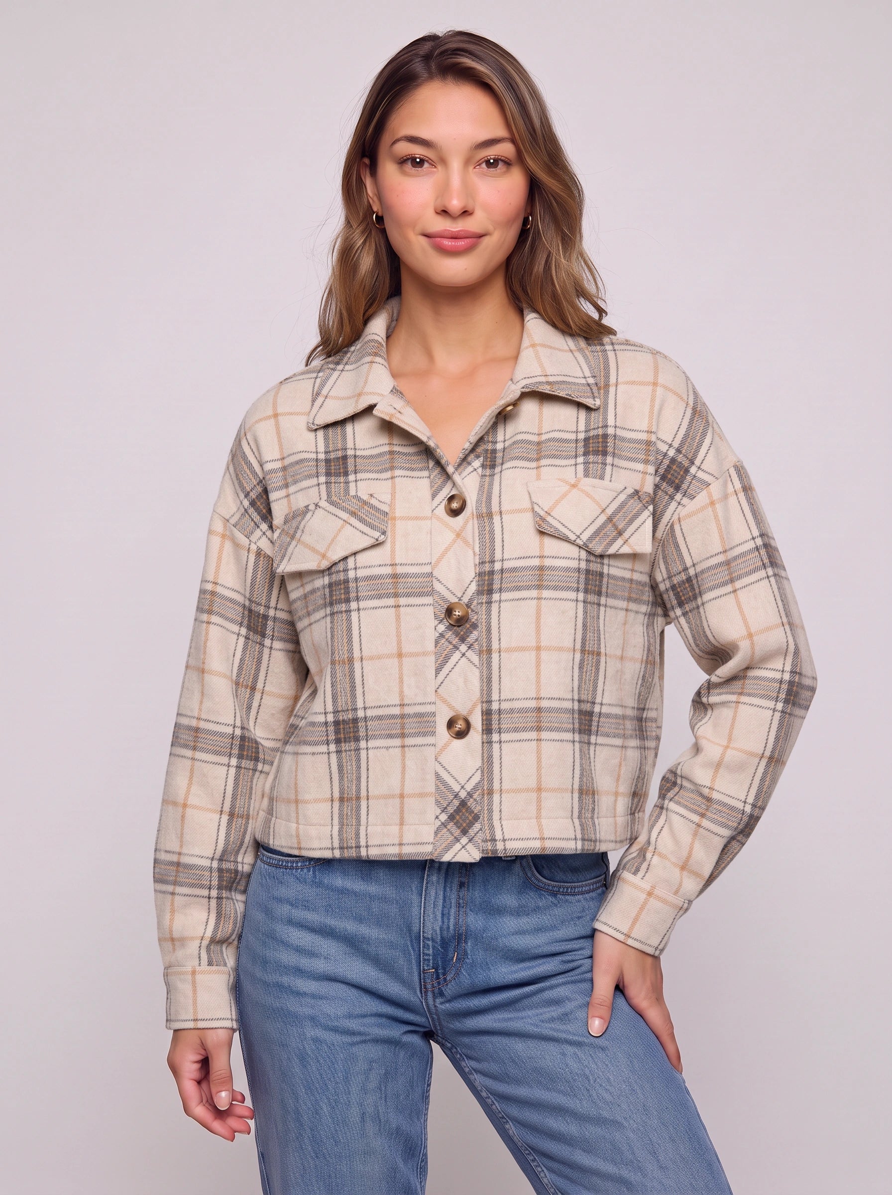Quadrum Cropped Plaid Shirt Jacket – Oversized Button Up Women Flannel Shacket Winter Casual Streetwear