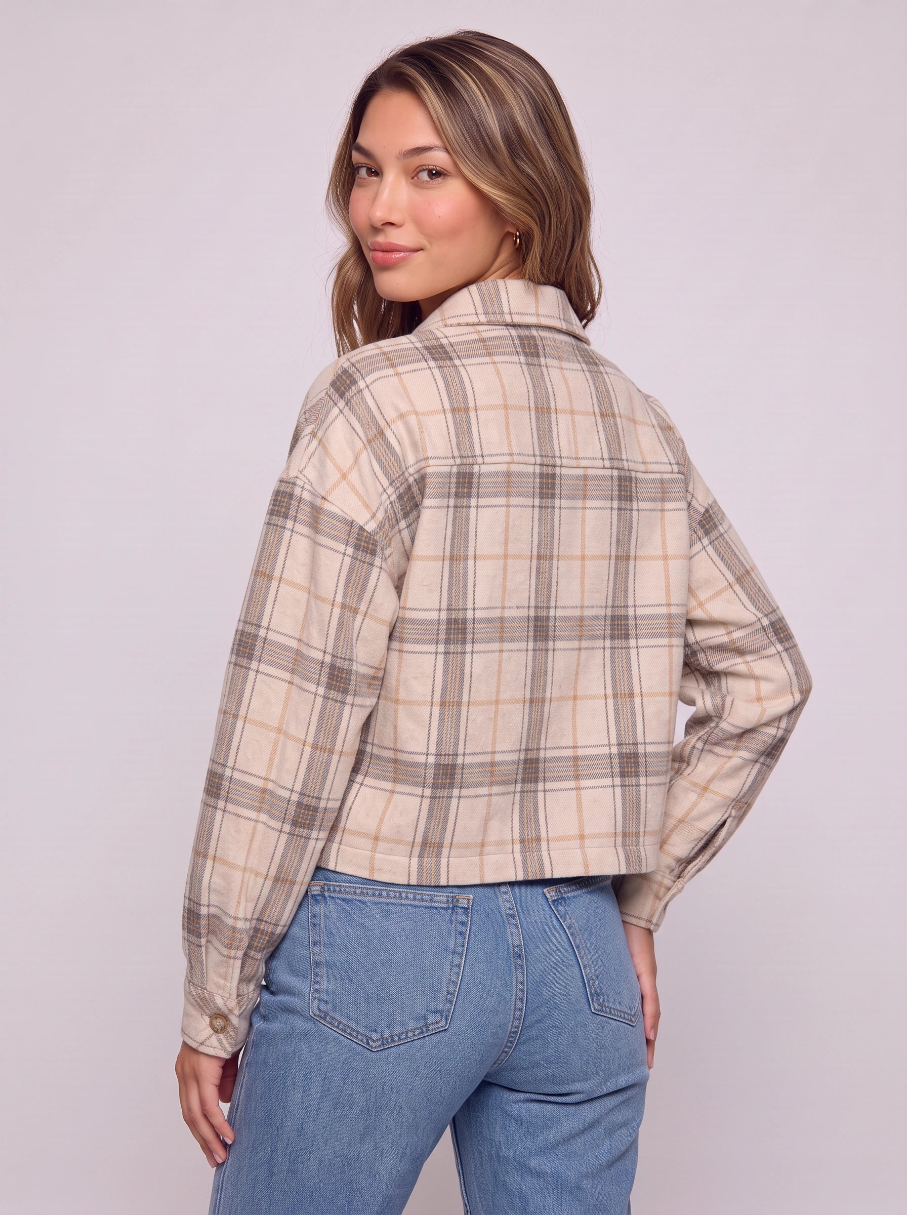 Quadrum Cropped Plaid Shirt Jacket – Oversized Button Up Women Flannel Shacket Winter Casual Streetwear