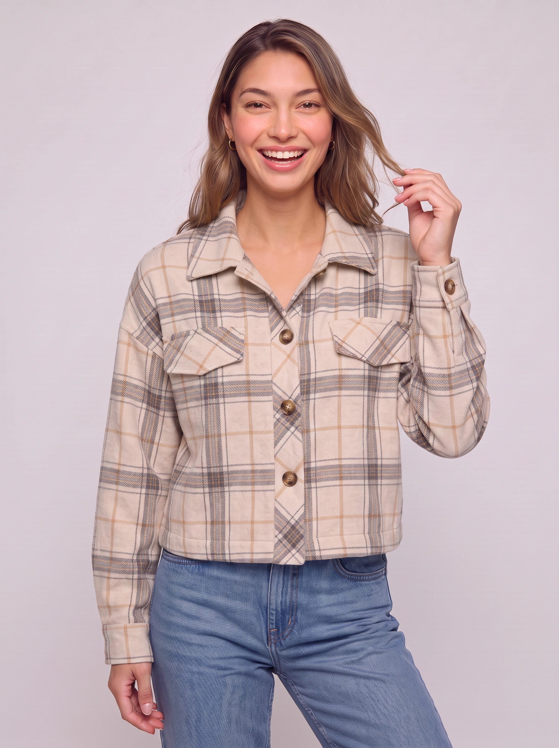 Quadrum Cropped Plaid Shirt Jacket – Oversized Button Up Women Flannel Shacket Winter Casual Streetwear