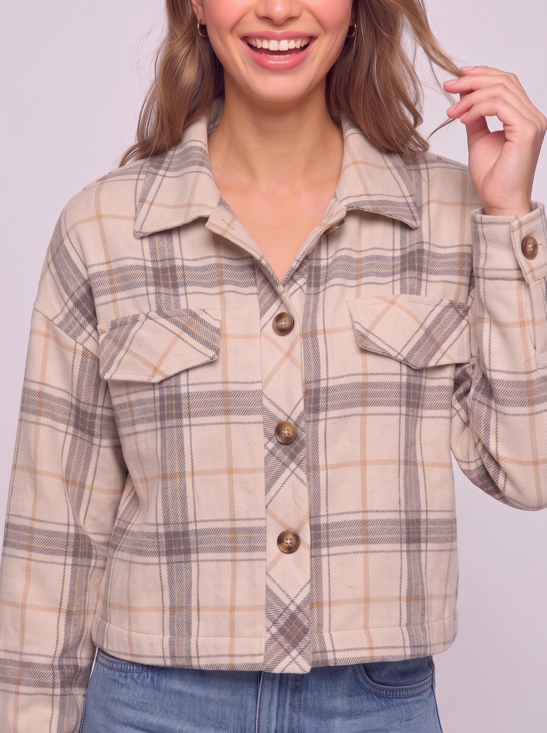 Quadrum Cropped Plaid Shirt Jacket – Oversized Button Up Women Flannel Shacket Winter Casual Streetwear