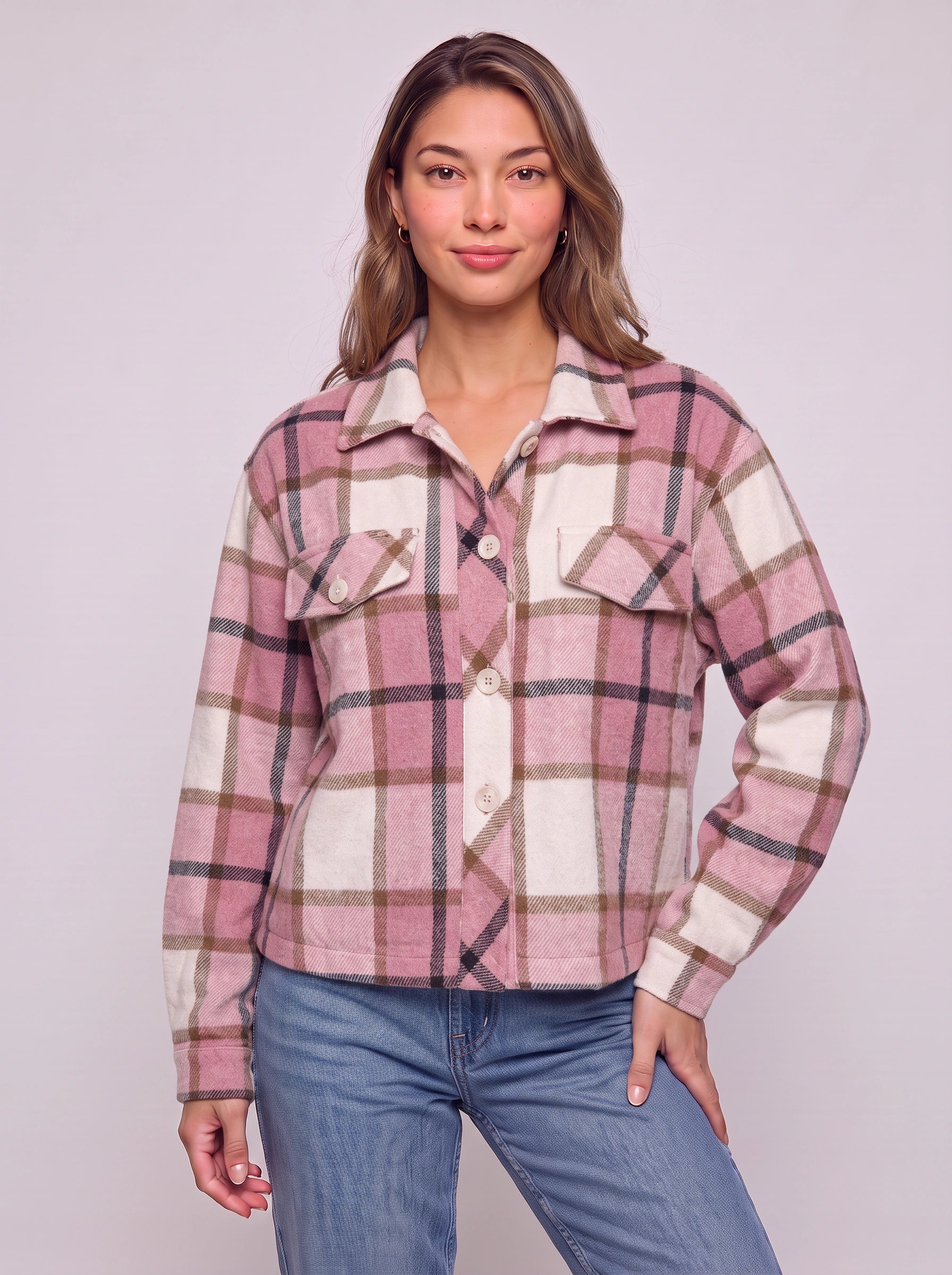 Quadrum Cropped Plaid Shirt Jacket – Oversized Button Up Women Flannel Shacket Winter Casual Streetwear