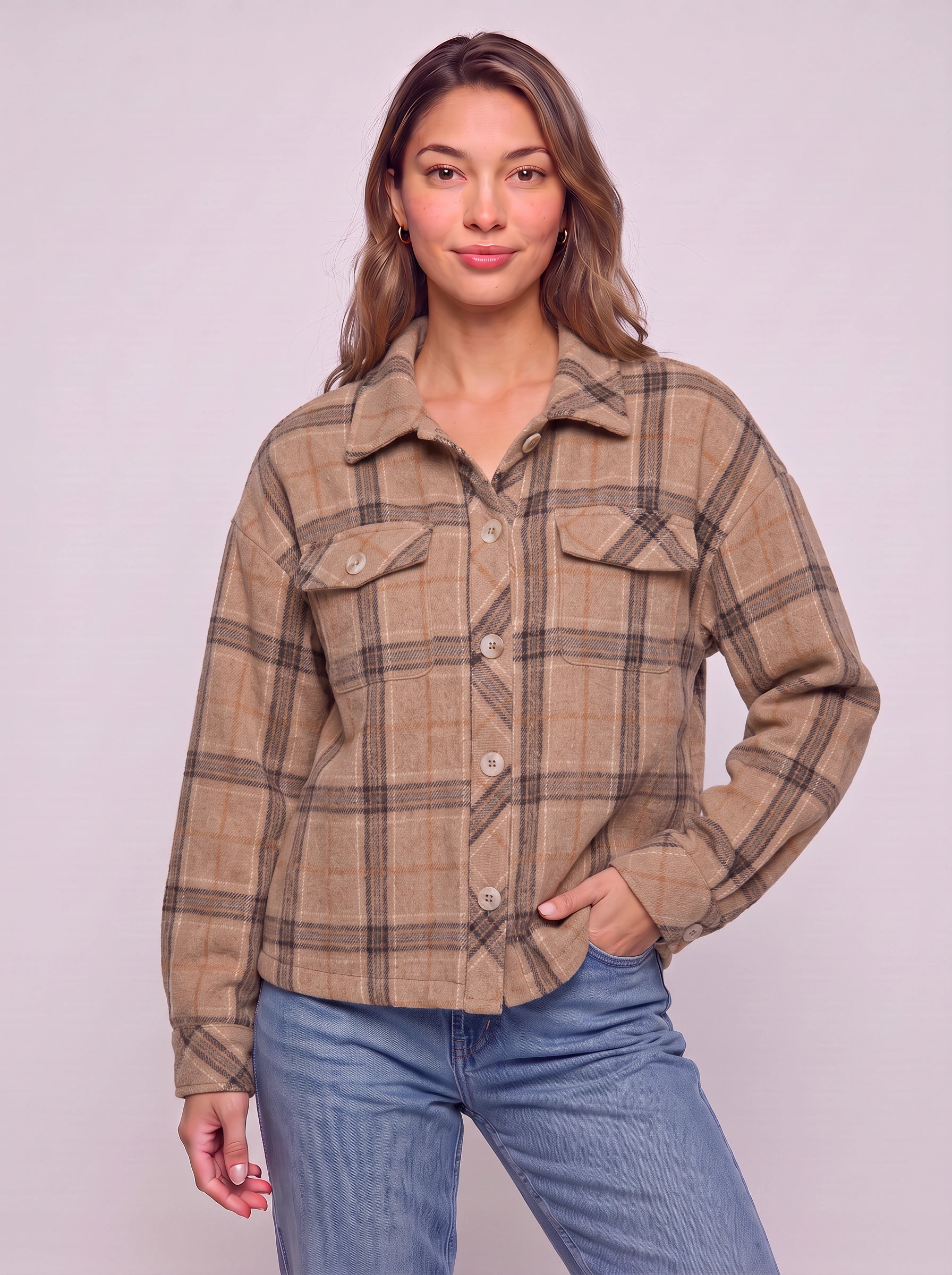 Quadrum Cropped Plaid Shirt Jacket – Oversized Button Up Women Flannel Shacket Winter Casual Streetwear