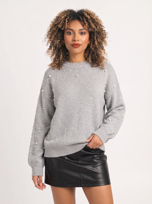 Perline Pearl-Beaded Ribbed Knit Sweater – Women Oversized Pullover Crew Neck Casual Knit Sweater