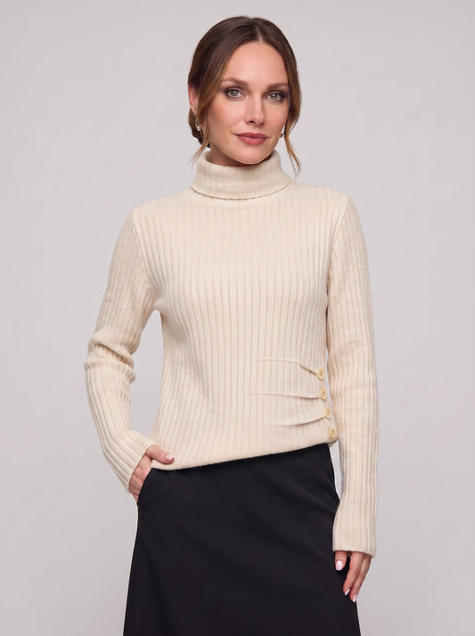Costali Ribbed Turtleneck Sweater – Women Knit Sweater Button Detail Long Sleeve Warm Pullover Top