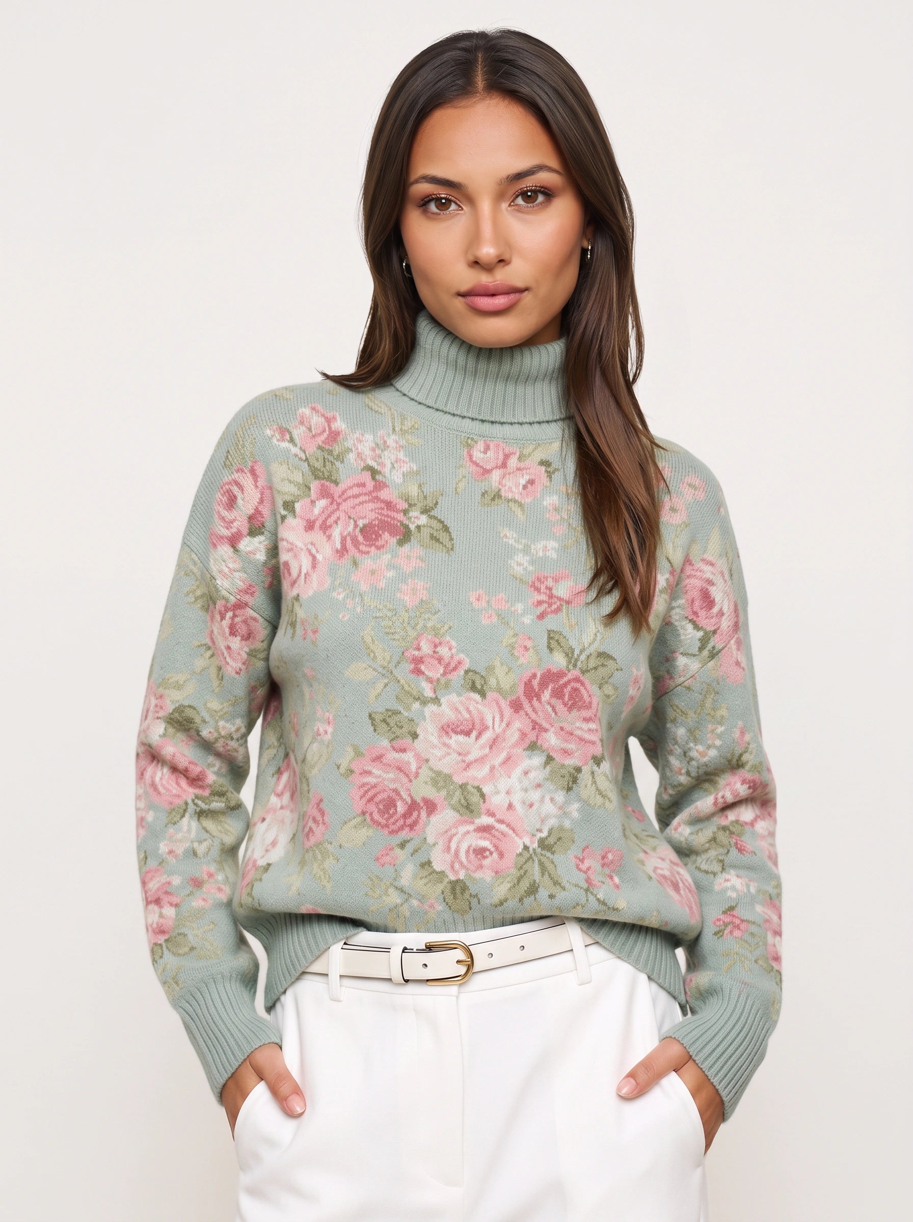 Rosewood Floral Turtleneck Sweater – Women Turtleneck Knit Pullover Casual Vintage Floral Long Sleeve Sweater