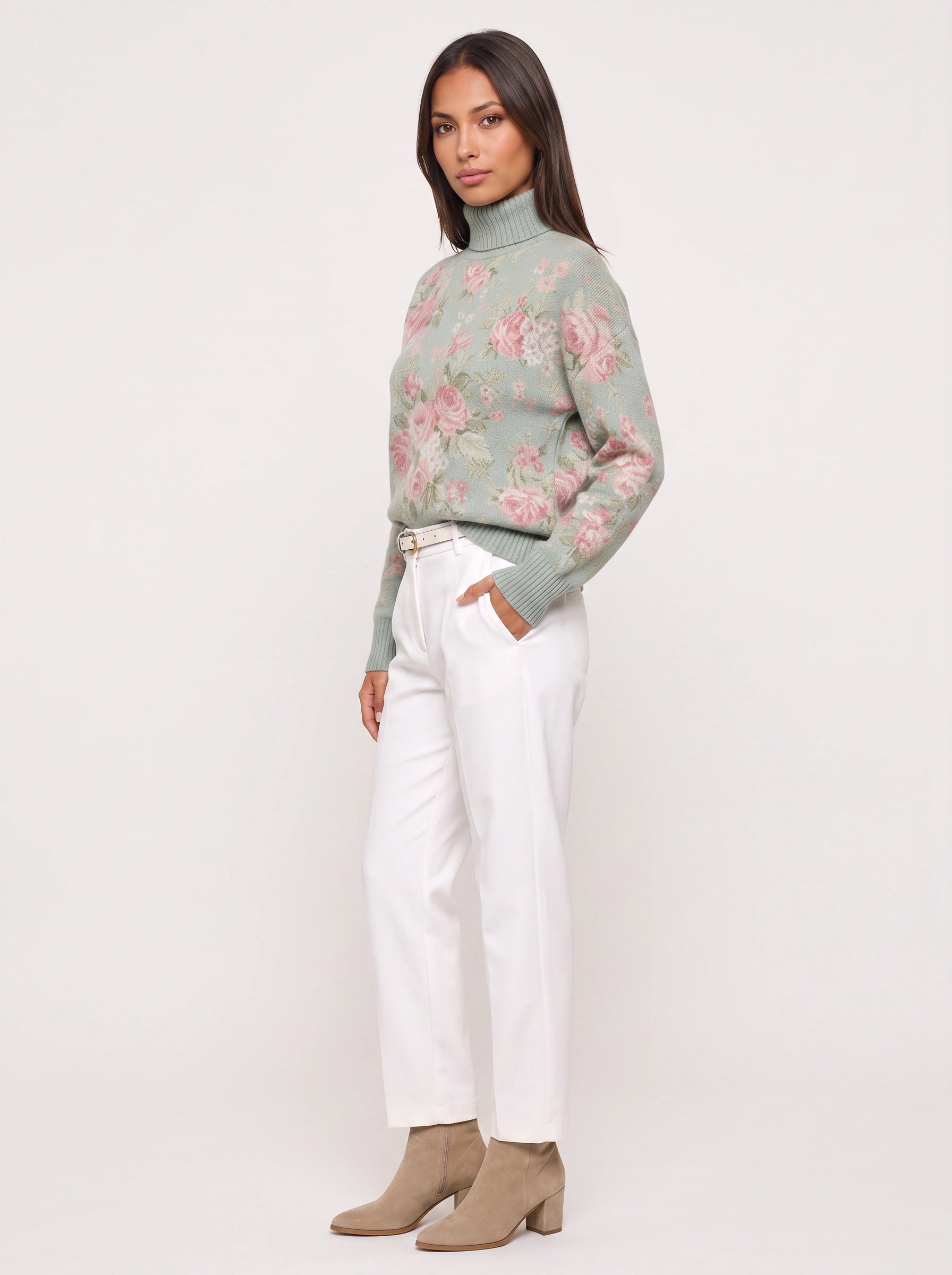 Rosewood Floral Turtleneck Sweater – Women Turtleneck Knit Pullover Casual Vintage Floral Long Sleeve Sweater