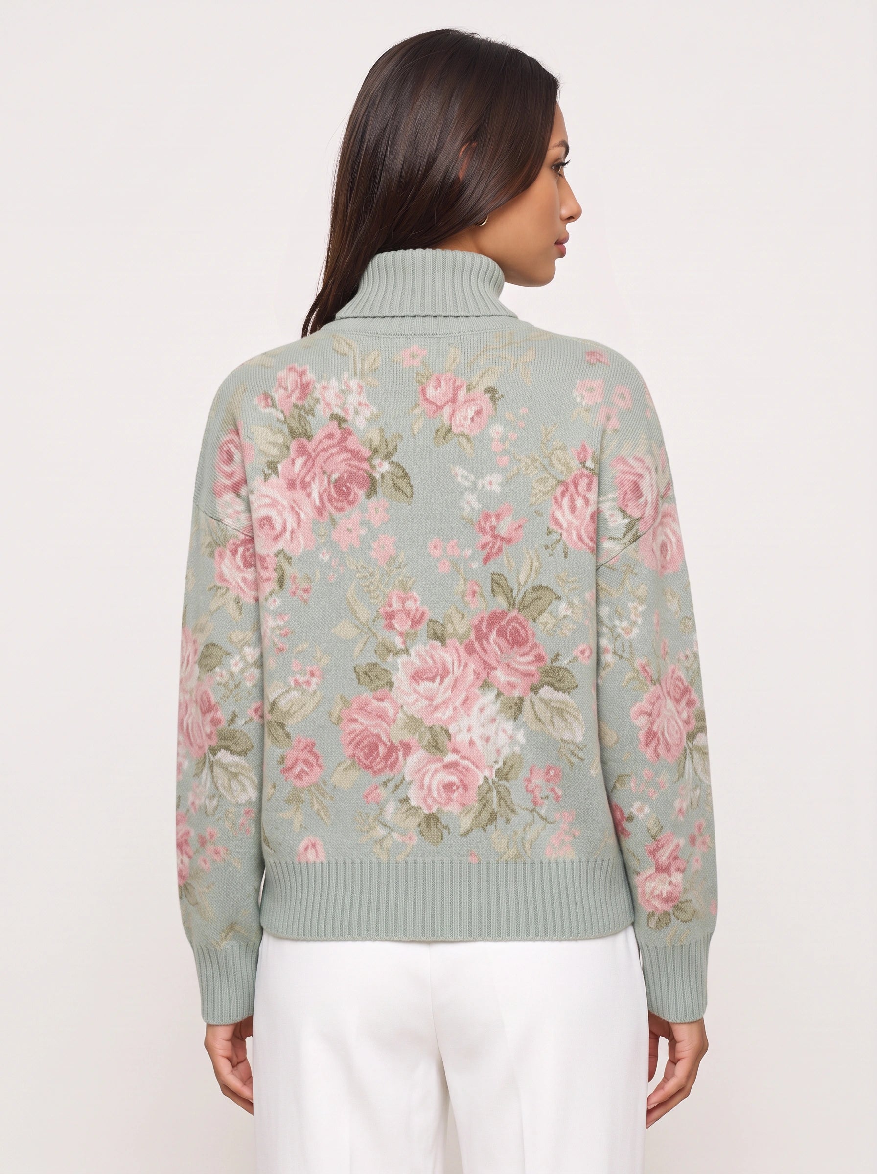 Rosewood Floral Turtleneck Sweater – Women Turtleneck Knit Pullover Casual Vintage Floral Long Sleeve Sweater