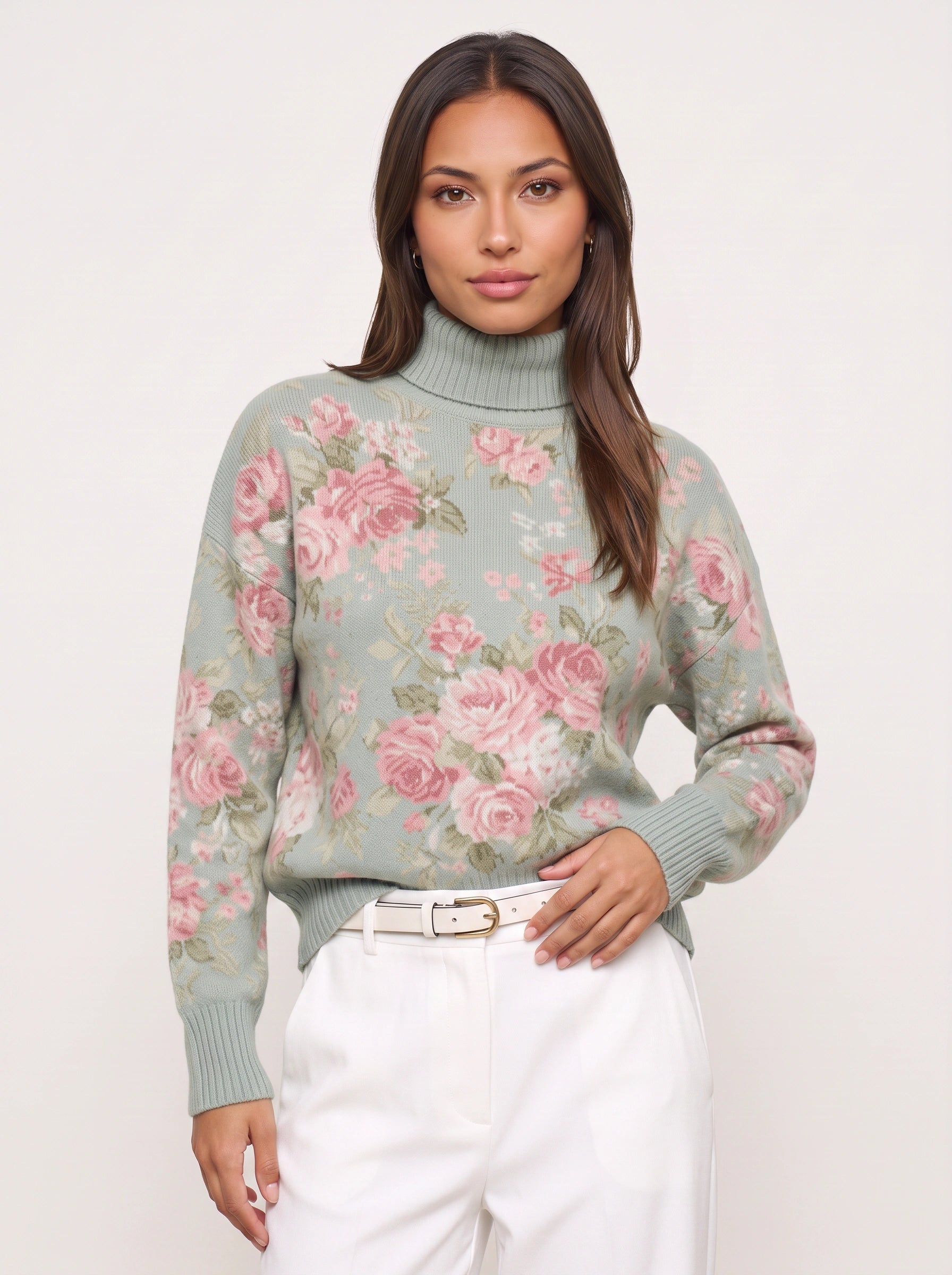 Rosewood Floral Turtleneck Sweater – Women Turtleneck Knit Pullover Casual Vintage Floral Long Sleeve Sweater