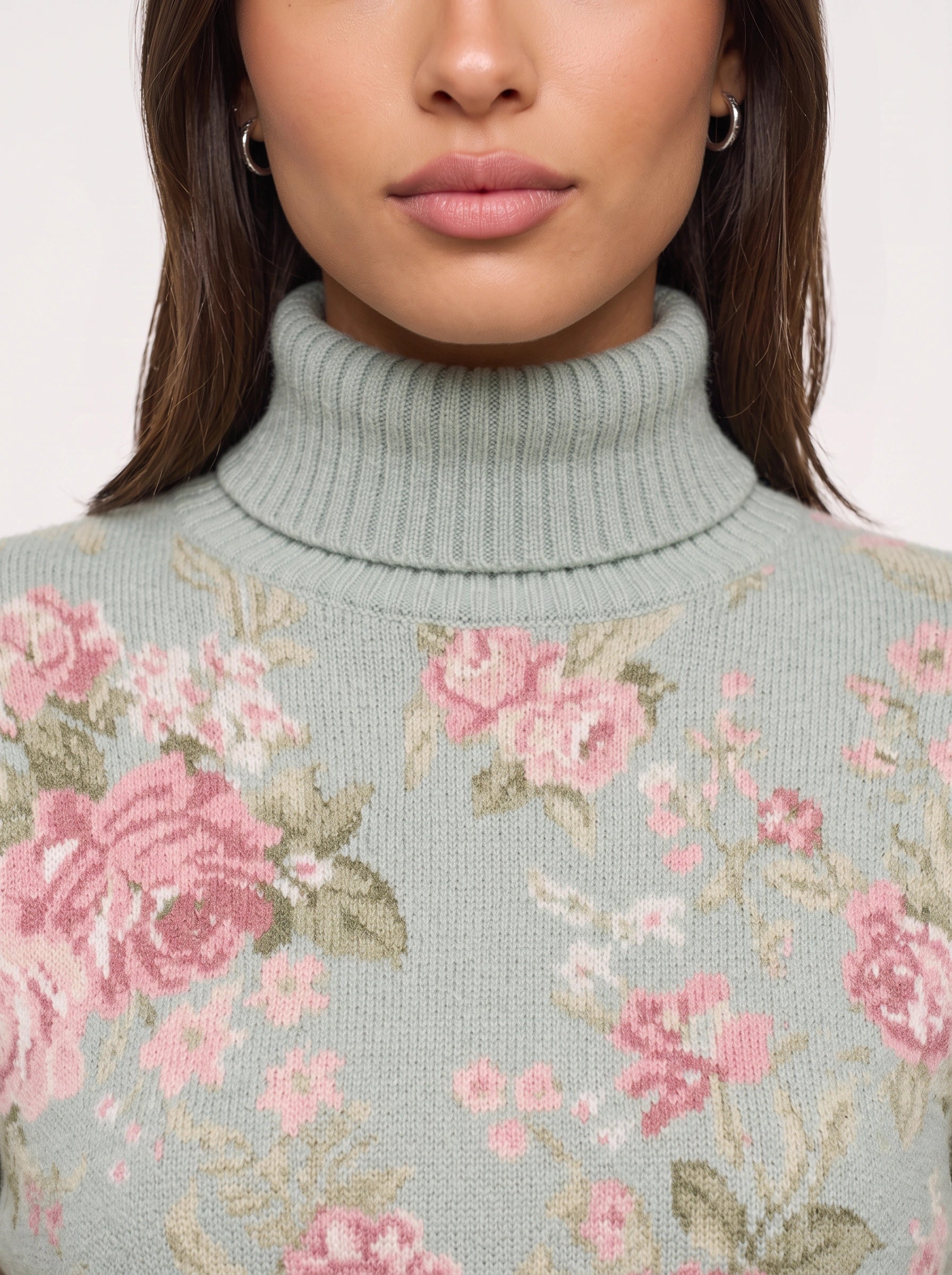 Rosewood Floral Turtleneck Sweater – Women Turtleneck Knit Pullover Casual Vintage Floral Long Sleeve Sweater