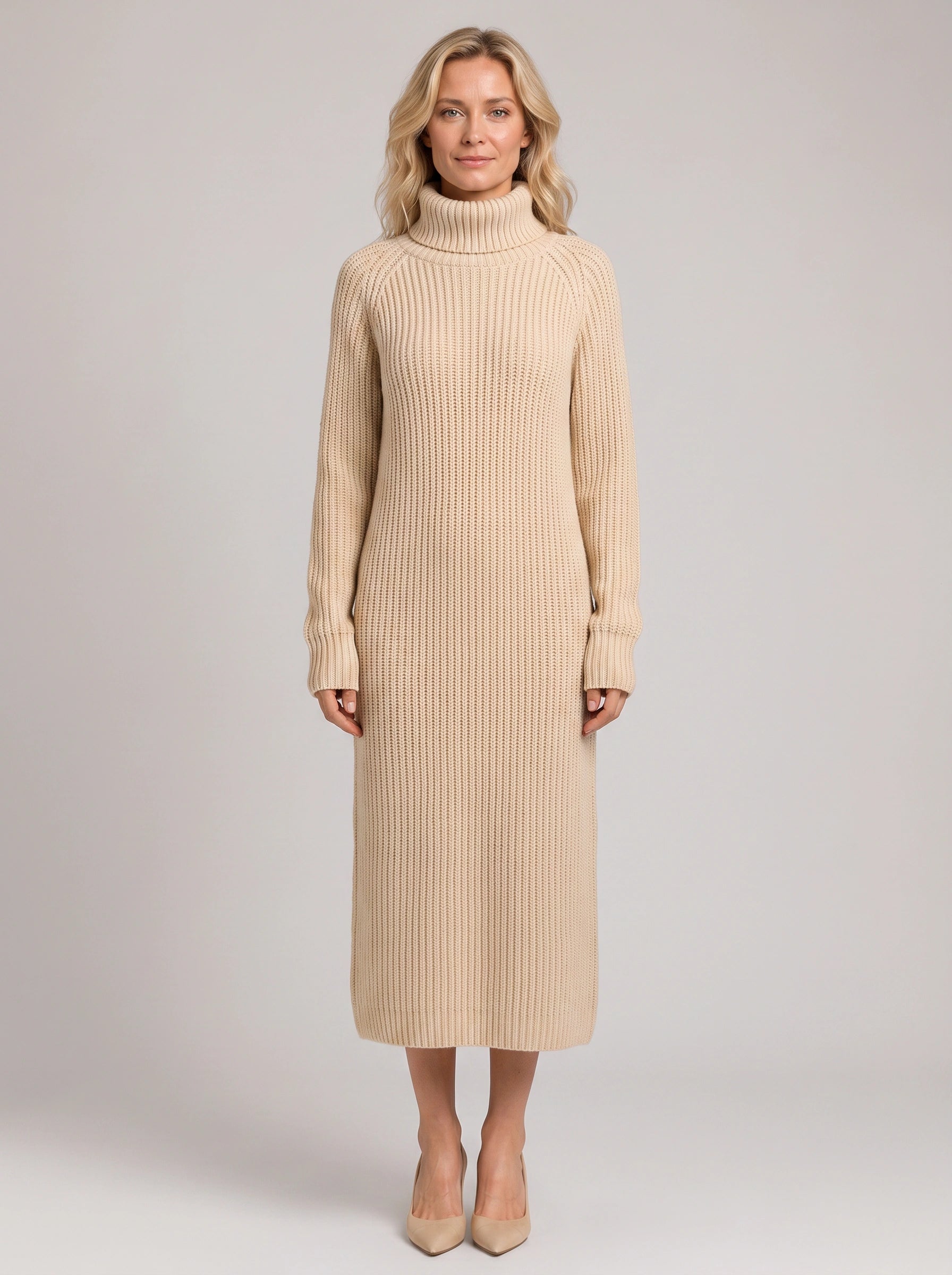 Ridglea Ribbed Turtleneck Midi Dress – Knit Sweater Women Business Casual Bodycon Winter Midi Dress