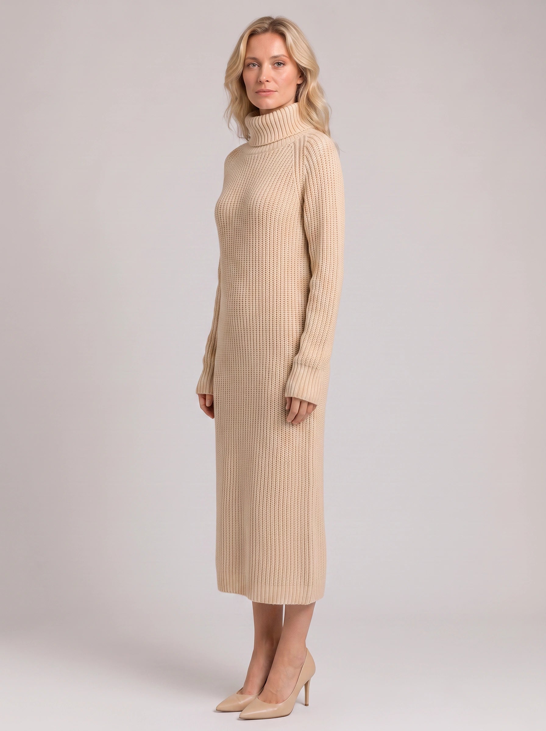Ridglea Ribbed Turtleneck Midi Dress – Knit Sweater Women Business Casual Bodycon Winter Midi Dress