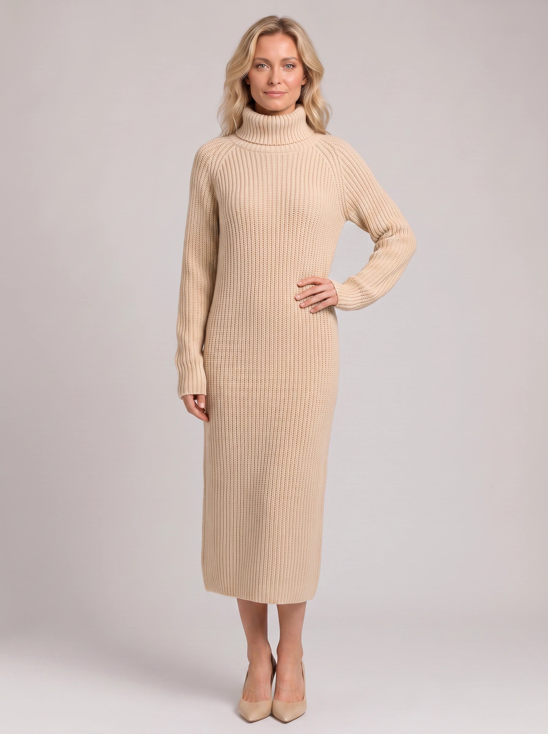 Ridglea Ribbed Turtleneck Midi Dress – Knit Sweater Women Business Casual Bodycon Winter Midi Dress