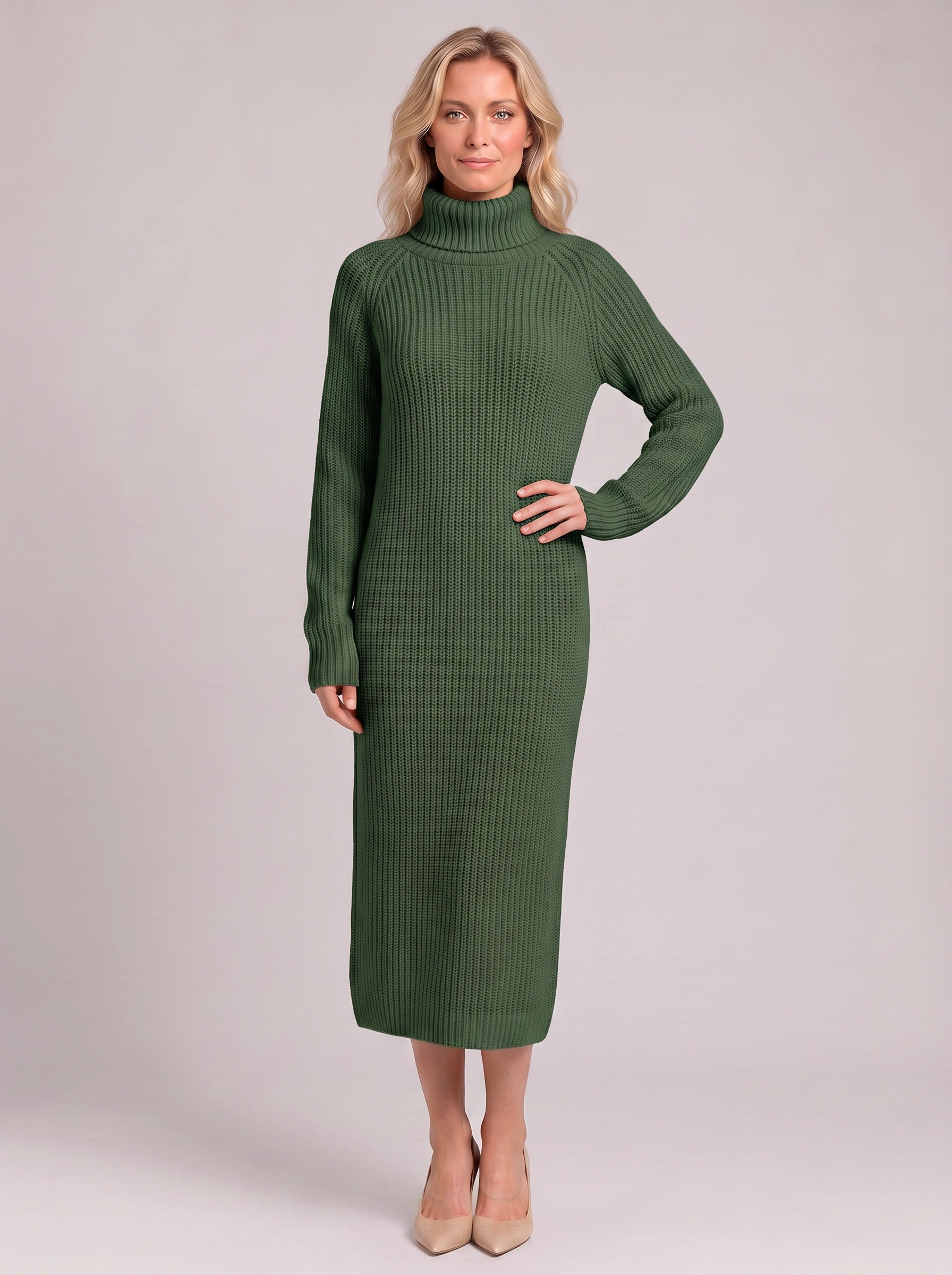 Ridglea Ribbed Turtleneck Midi Dress – Knit Sweater Women Business Casual Bodycon Winter Midi Dress