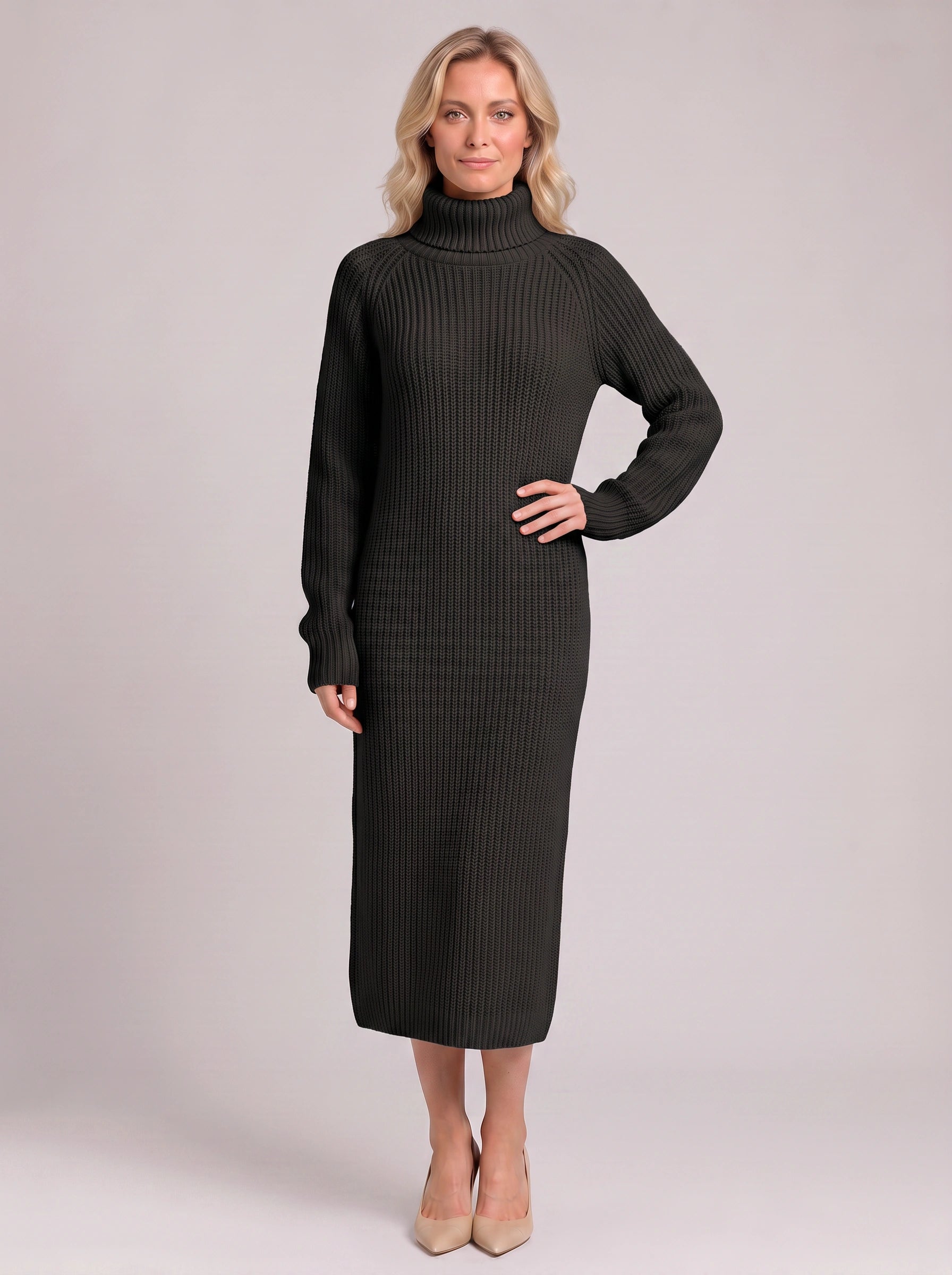Ridglea Ribbed Turtleneck Midi Dress – Knit Sweater Women Business Casual Bodycon Winter Midi Dress