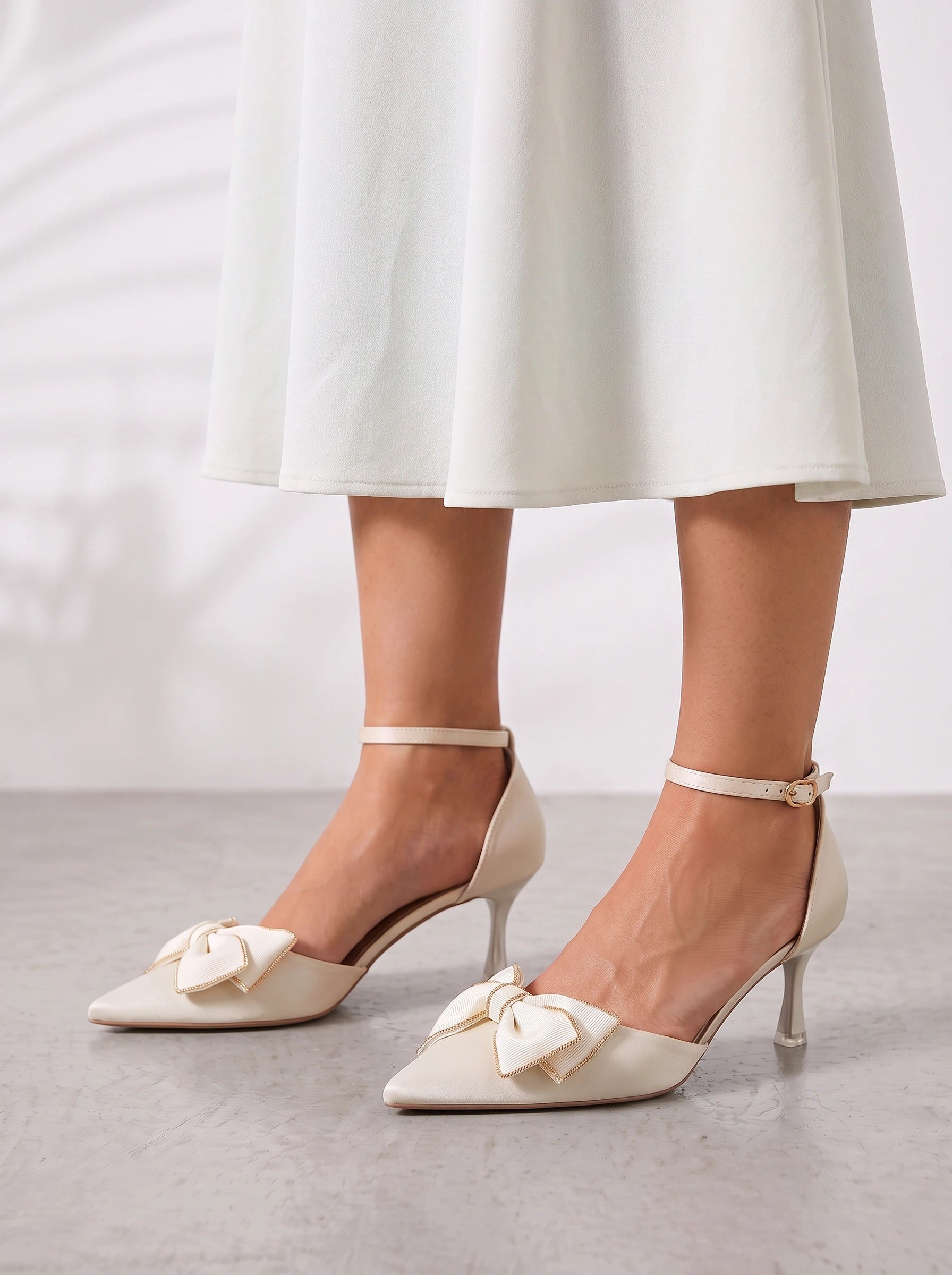 Navette Pointed Toe Kitten Heels – Bow Women Ankle Strap Dress Wedding Guest Party Formal Pump Heels