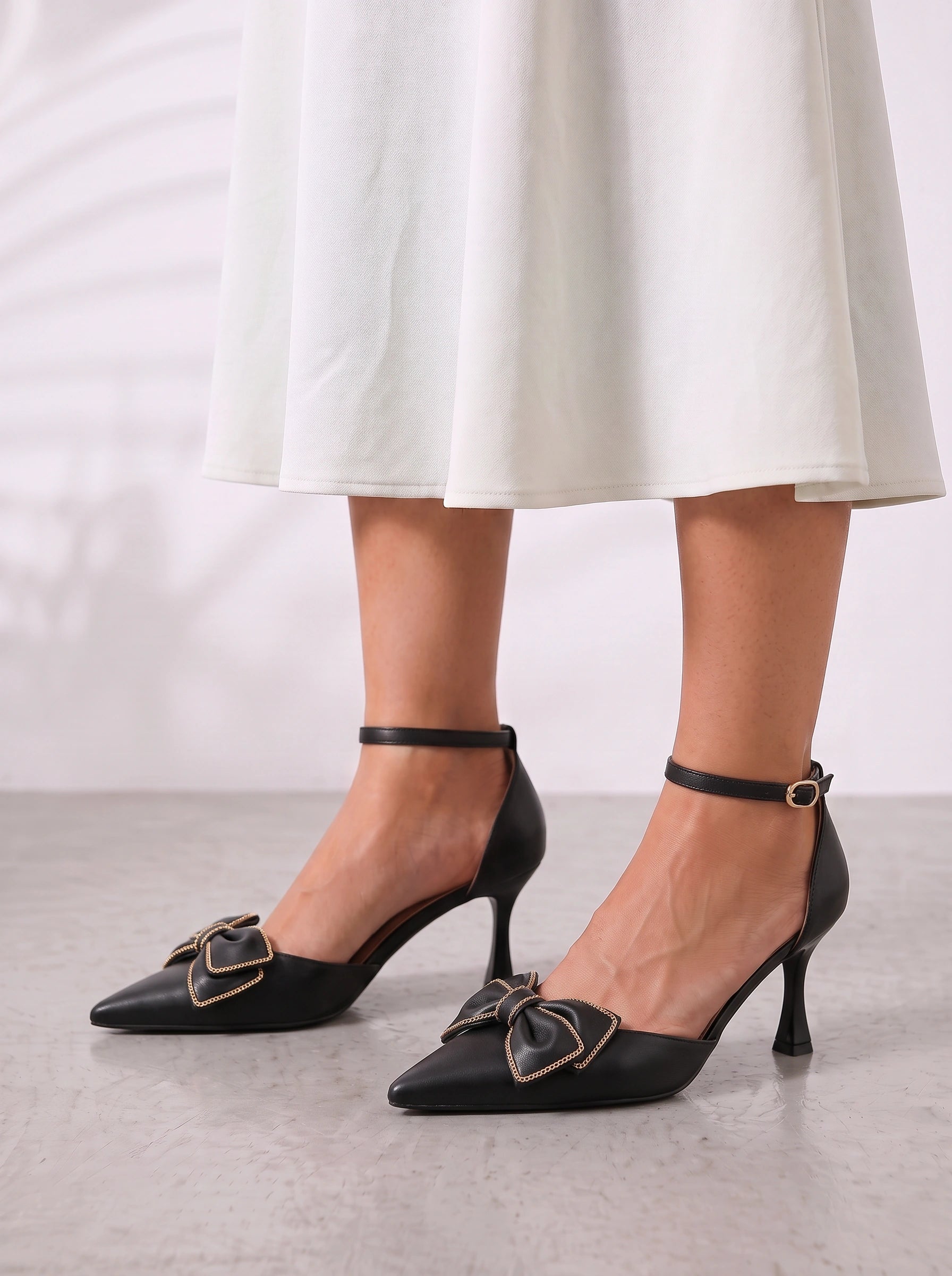 Navette Pointed Toe Kitten Heels – Bow Women Ankle Strap Dress Wedding Guest Party Formal Pump Heels