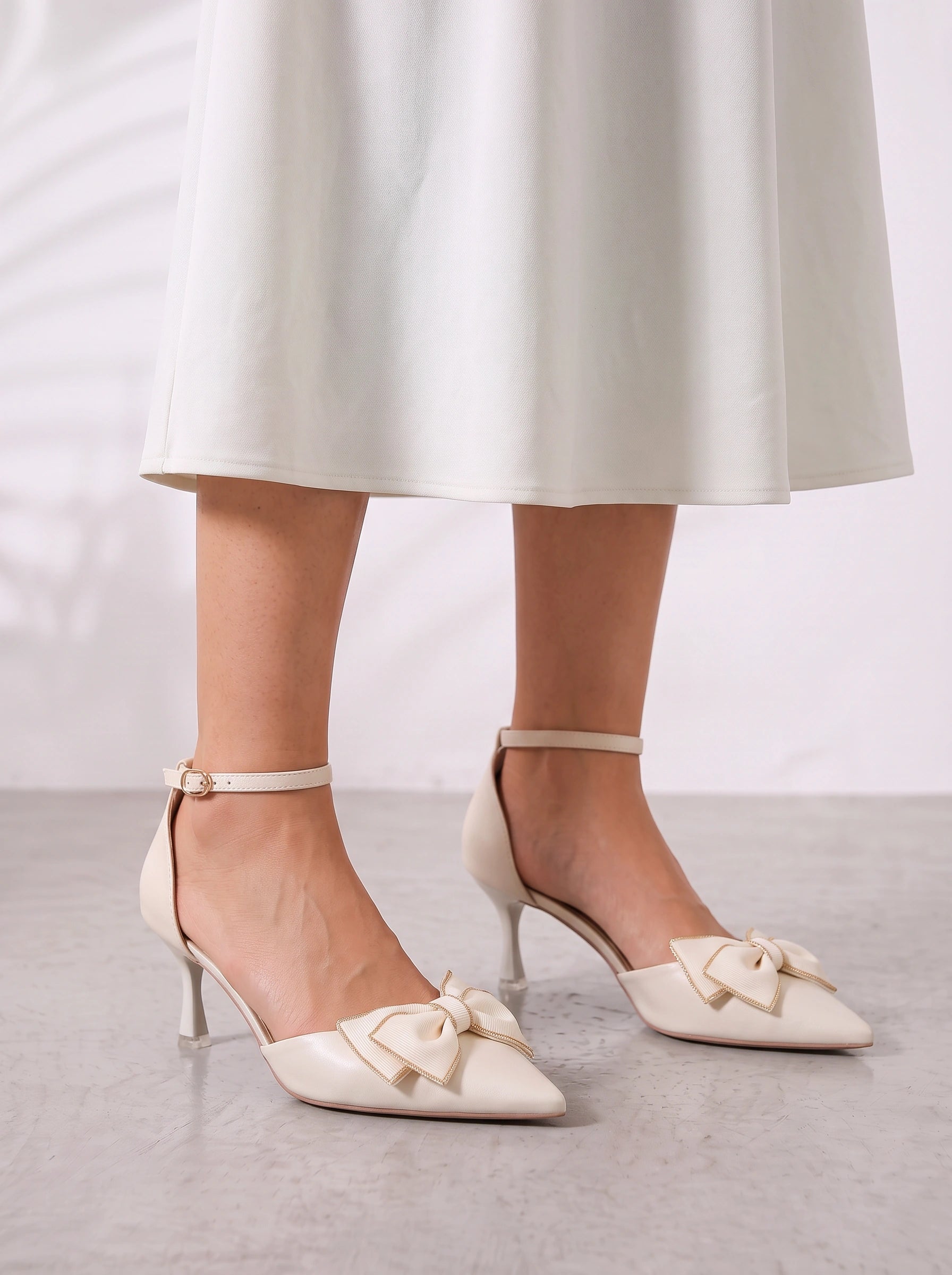 Navette Pointed Toe Kitten Heels – Bow Women Ankle Strap Dress Wedding Guest Party Formal Pump Heels
