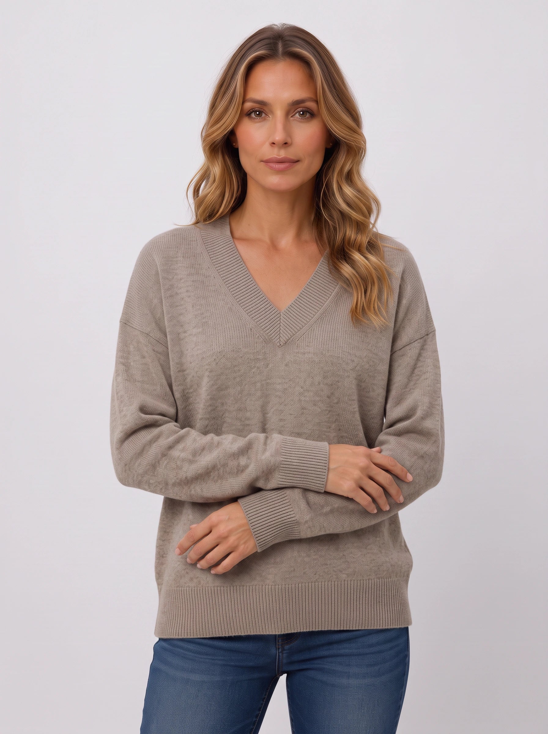Costara V-Neck Knit Jumper – Ribbed Trim Women Casual Oversized Lightweight Summer Pullover Sweater