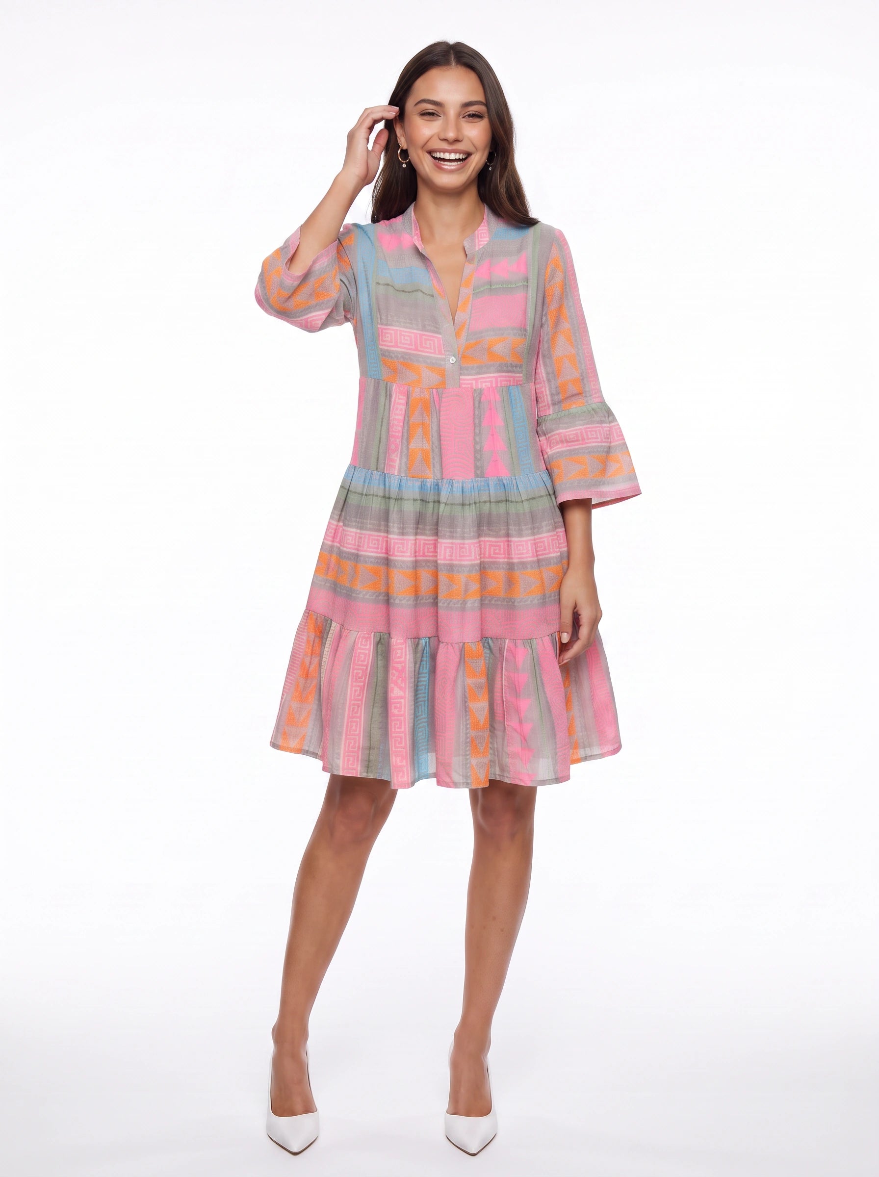Robe midi légère à volants Simone – robe trapèze à manches longues pour femme, imprimé géométrique, style bohème, vacances et plage