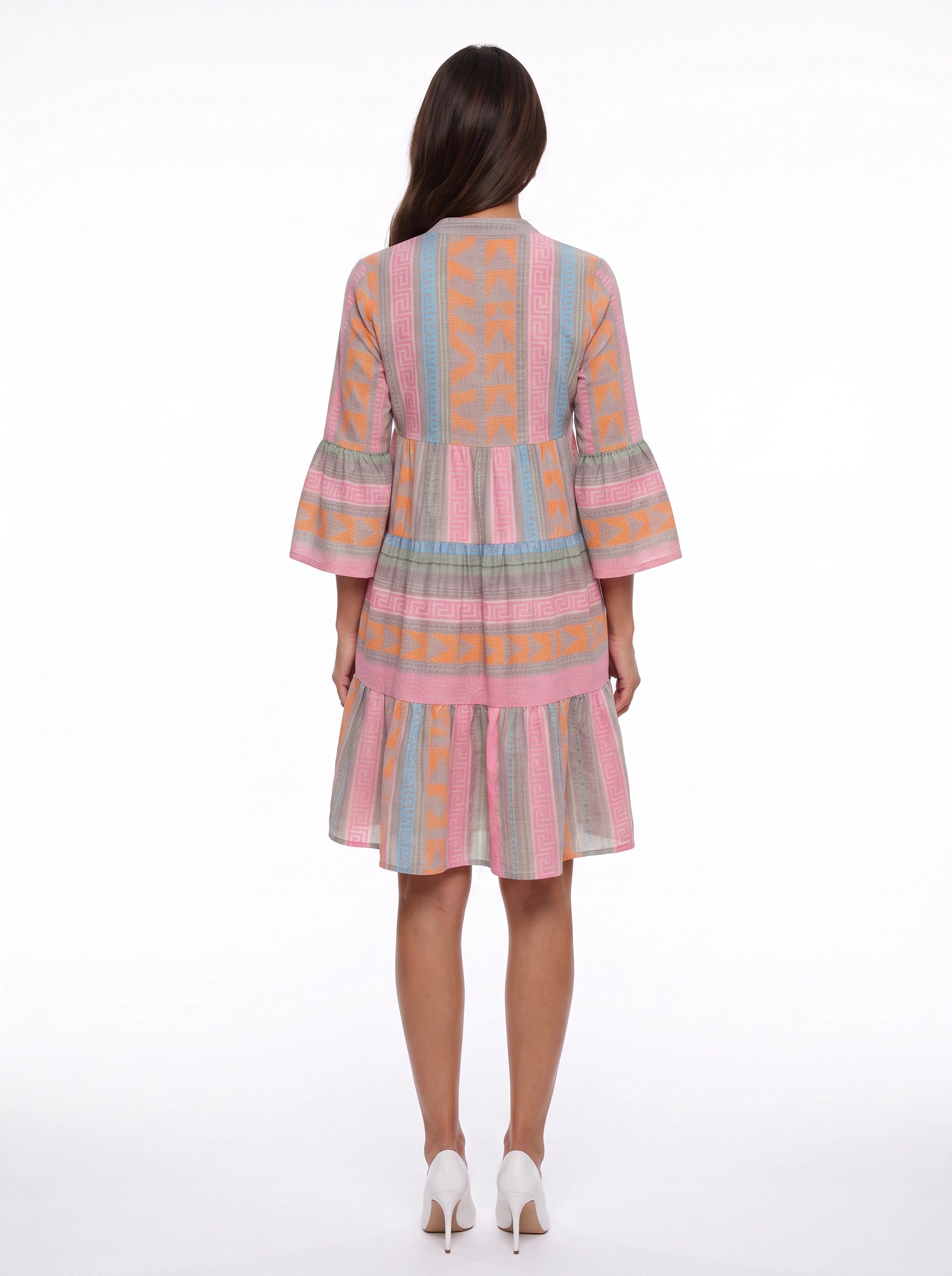 Robe midi légère à volants Simone – robe trapèze à manches longues pour femme, imprimé géométrique, style bohème, vacances et plage