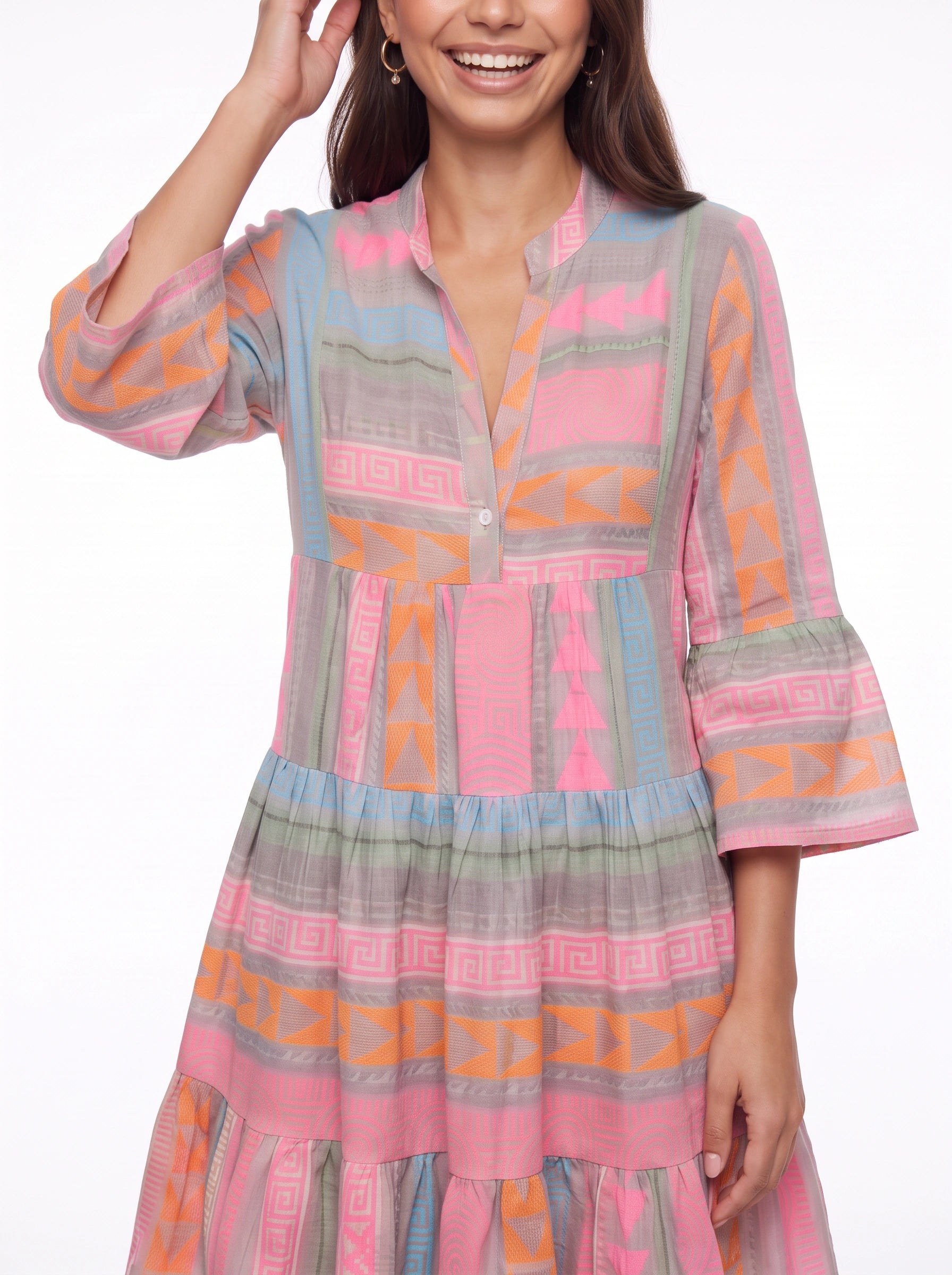 Robe midi légère à volants Simone – robe trapèze à manches longues pour femme, imprimé géométrique, style bohème, vacances et plage