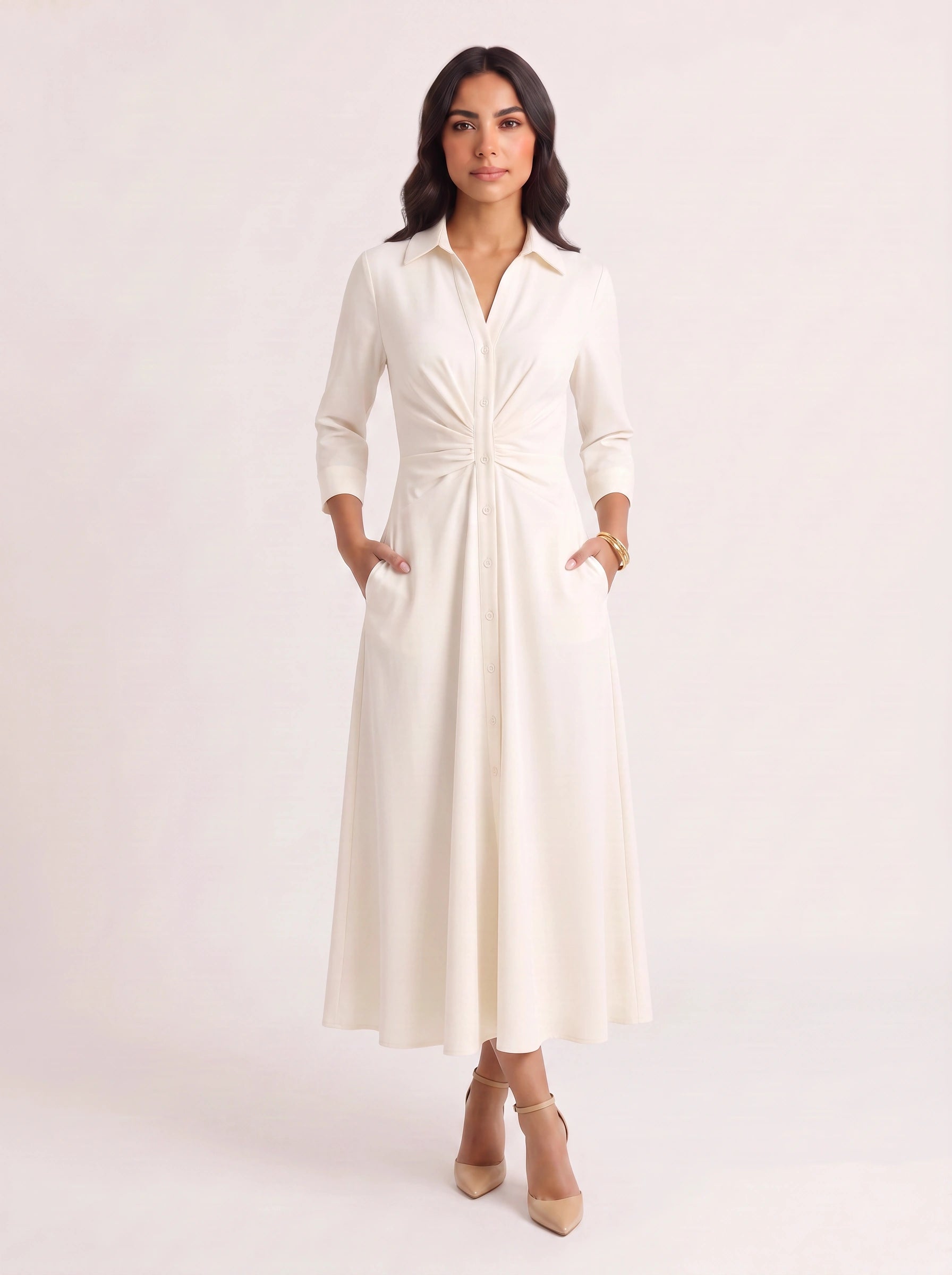 Knotora Twist-Front Shirt Midi Dress – Button-Down Collared A-Line Midi Dress Women Formal Work Office