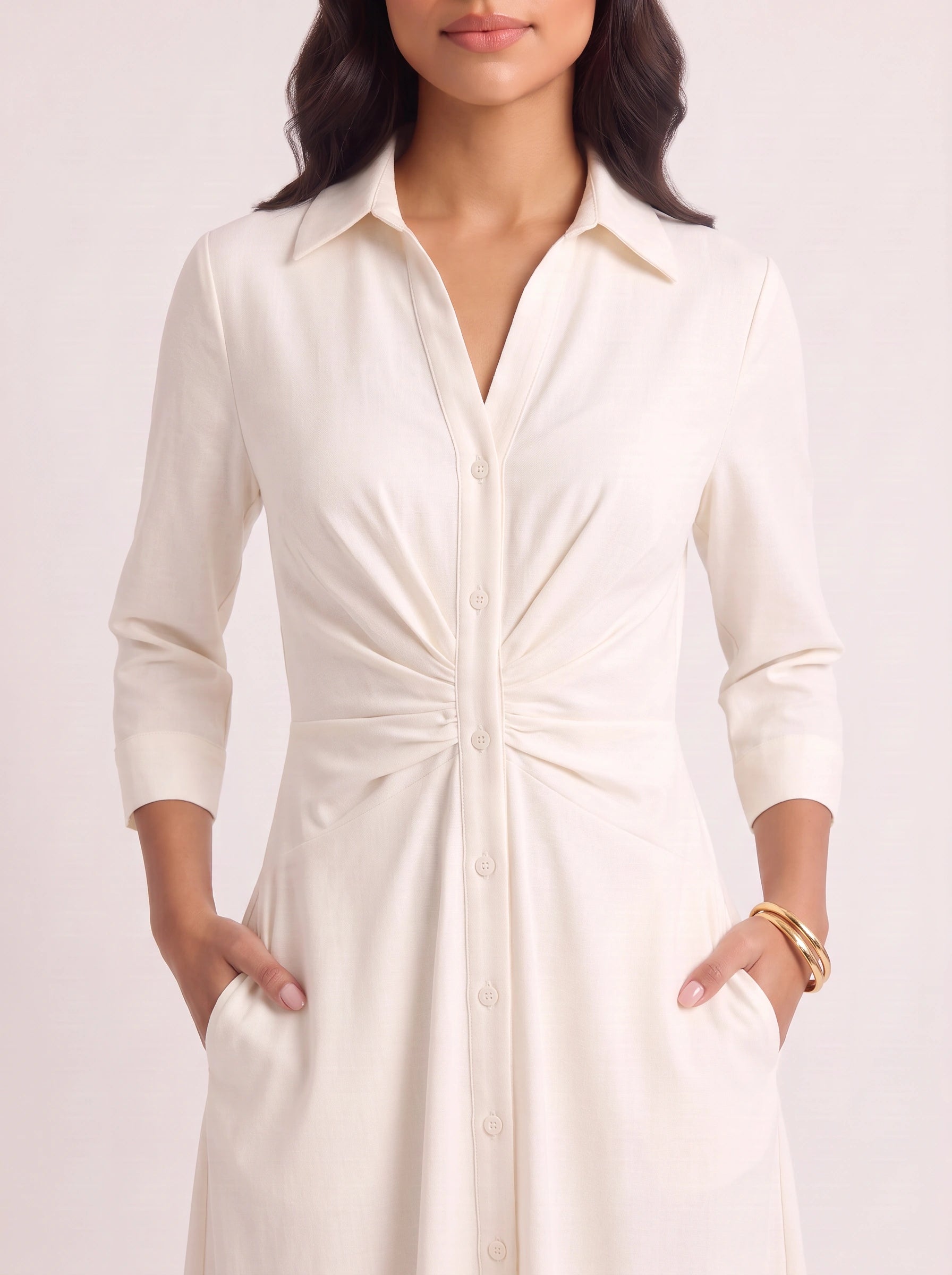 Knotora Twist-Front Shirt Midi Dress – Button-Down Collared A-Line Midi Dress Women Formal Work Office