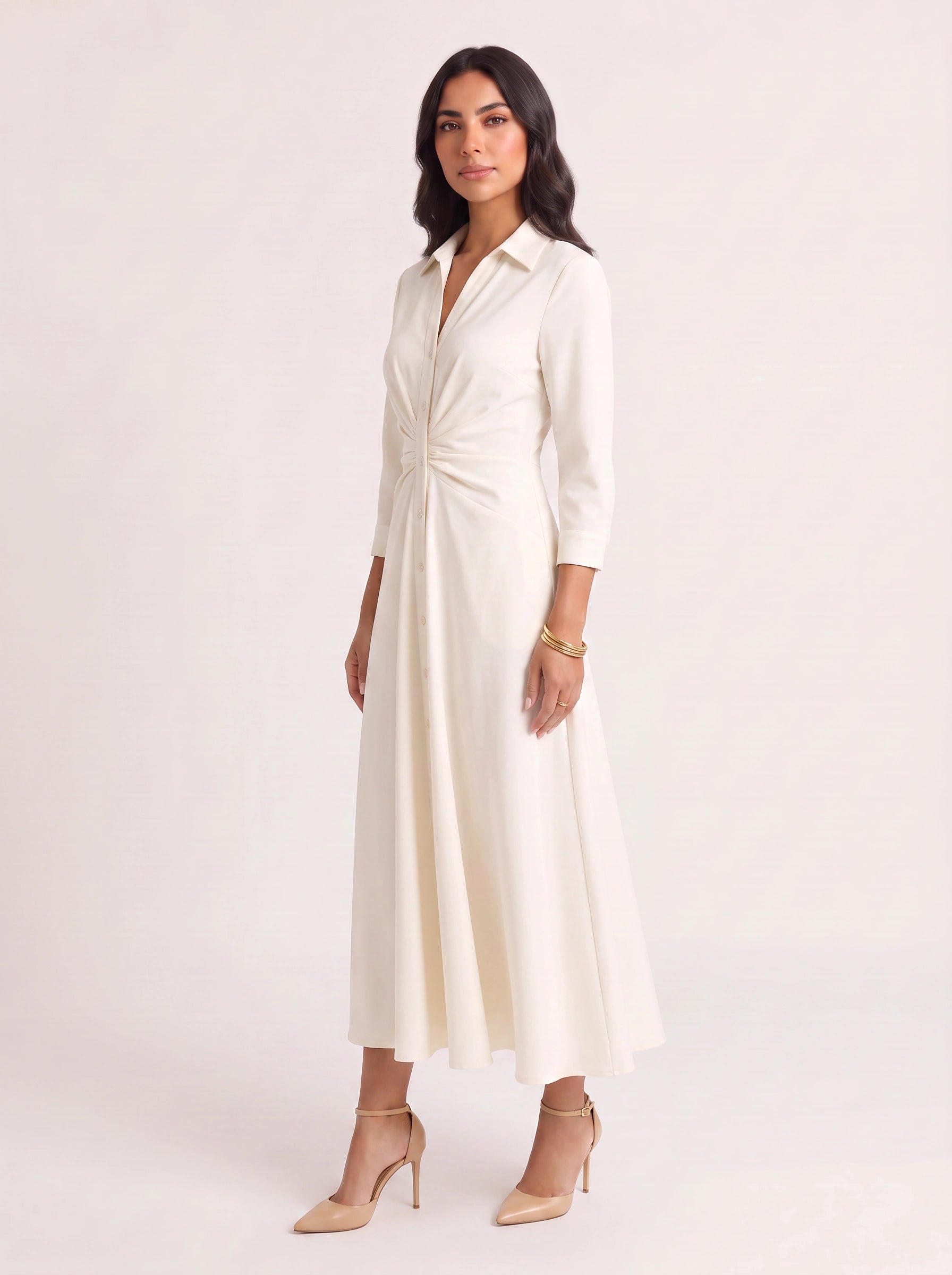 Knotora Twist-Front Shirt Midi Dress – Button-Down Collared A-Line Midi Dress Women Formal Work Office